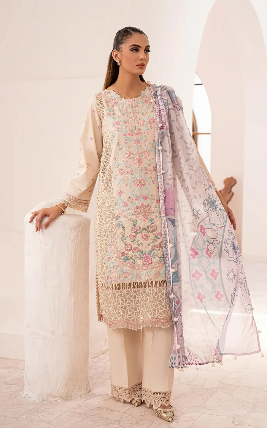 Asifa N Nabeel Ivory Bloom-(LEL25-04) Zaina Llimited Luxury Lawn 2025