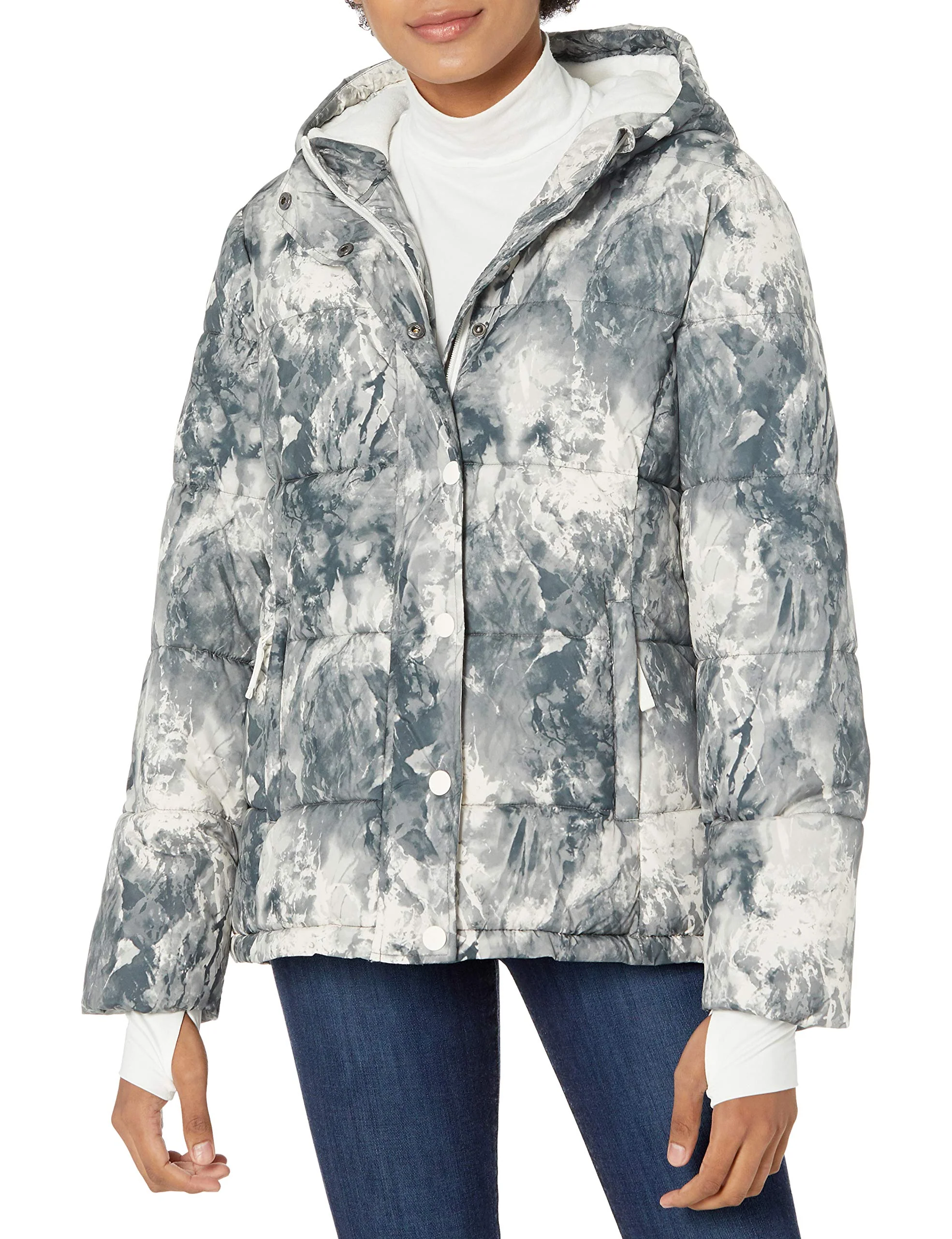 Black White Marble Winter Essential: Women's Hooded Slim Puffer - AmEss