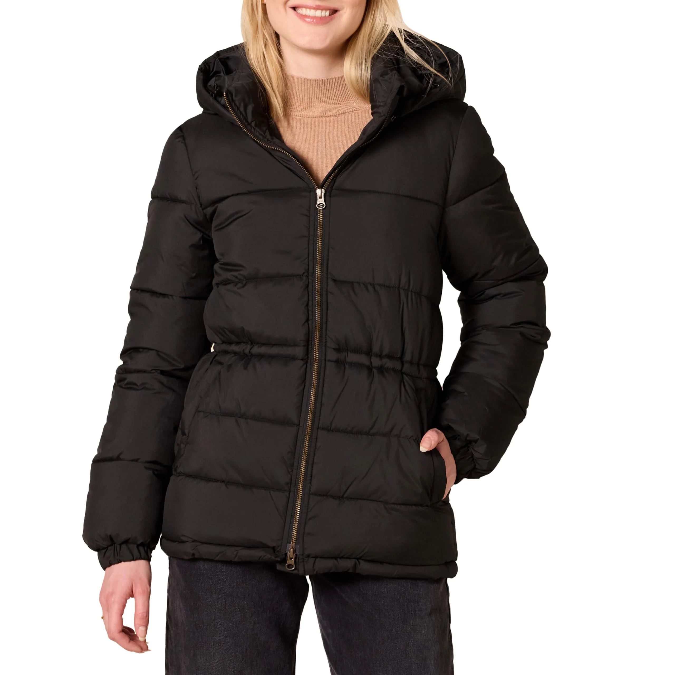 Black Women's Slim Coat: Warm Puffer Jacket with Waistband - AmEss