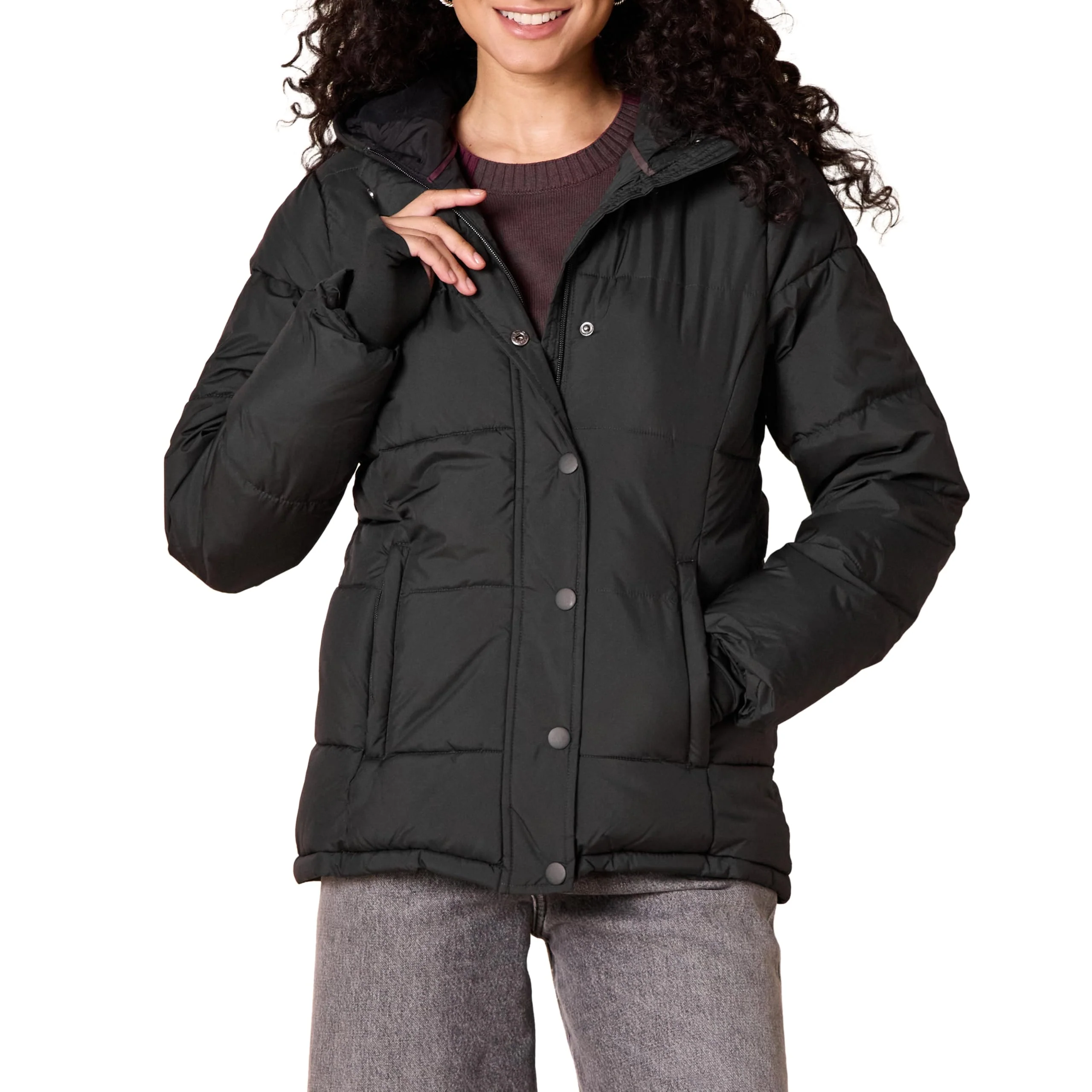 Black Women's Slim Coat: Warm, Waterproof, Long-Sleeve Hooded Puffer Jacket (Plus Sizes Available) - AmEss