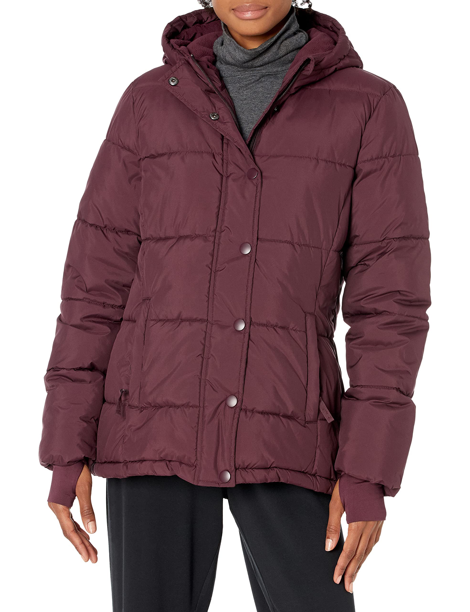 Burgundy Women's Versatile & Stylish: Slim-Cut Puffer Coat with Long Sleeves & Hood (Plus Size Options) - AmEss
