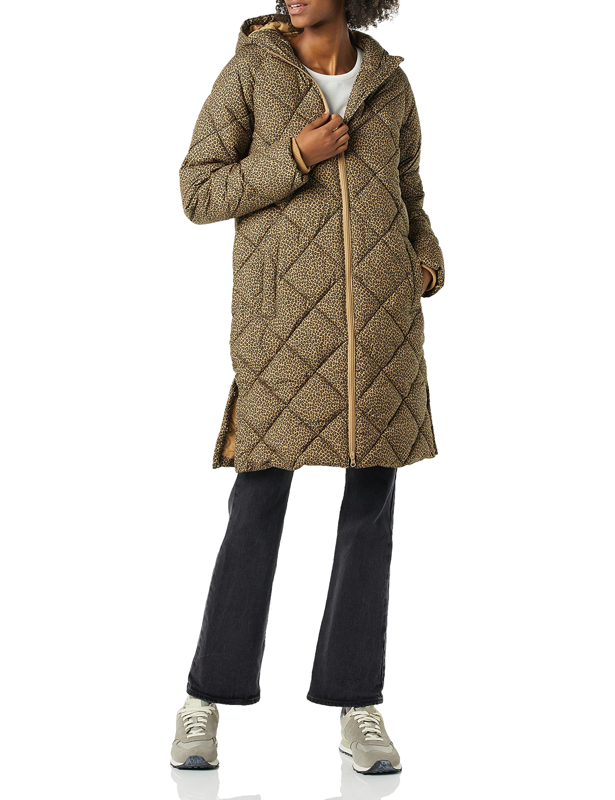Camel Cheetah Women's Slim Diamond Quilted Knee-Length Puffer Coat - AmEss