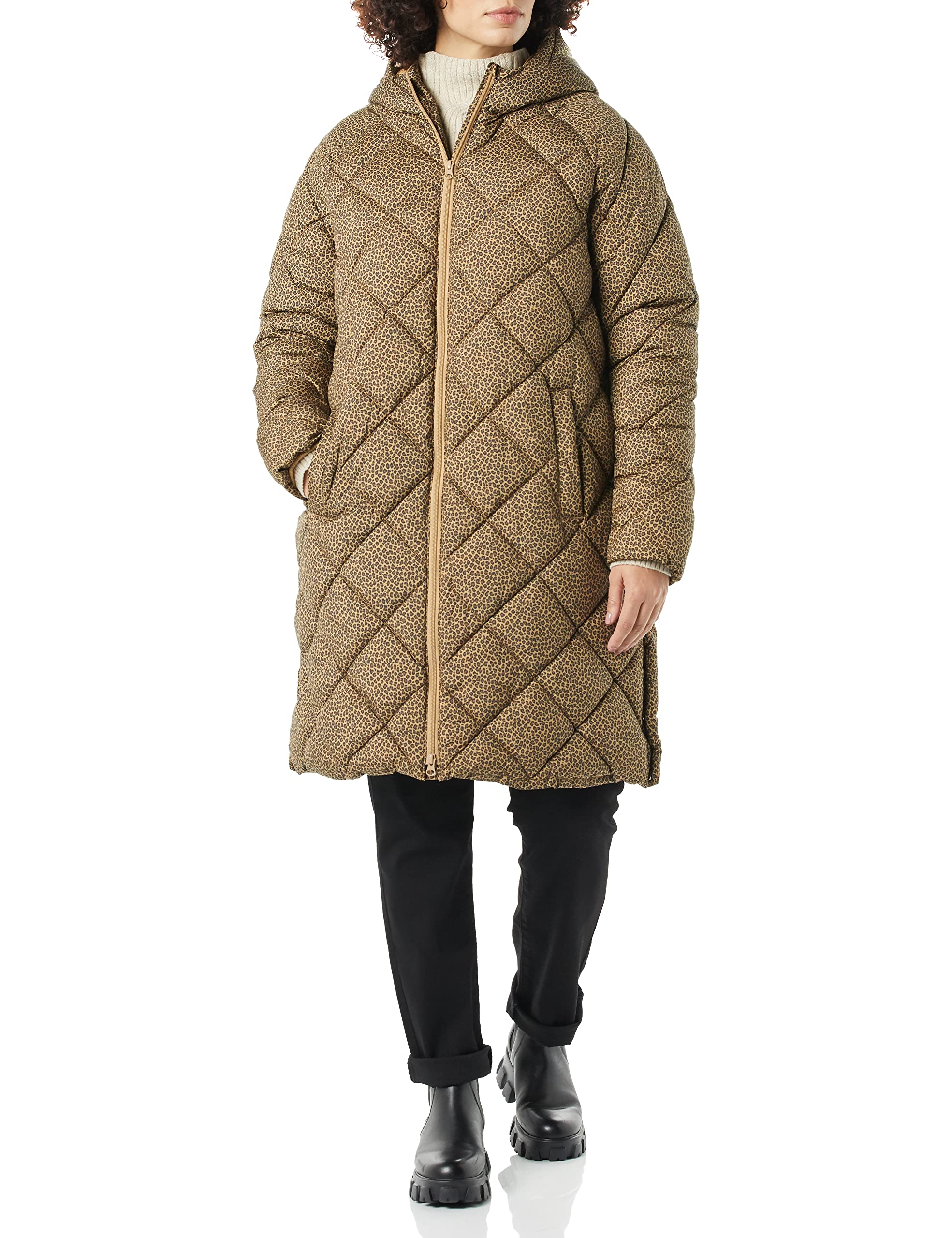 Camel Cheetah Women's Slim Diamond Quilted Knee-Length Puffer Coat - AmEss - Image 3
