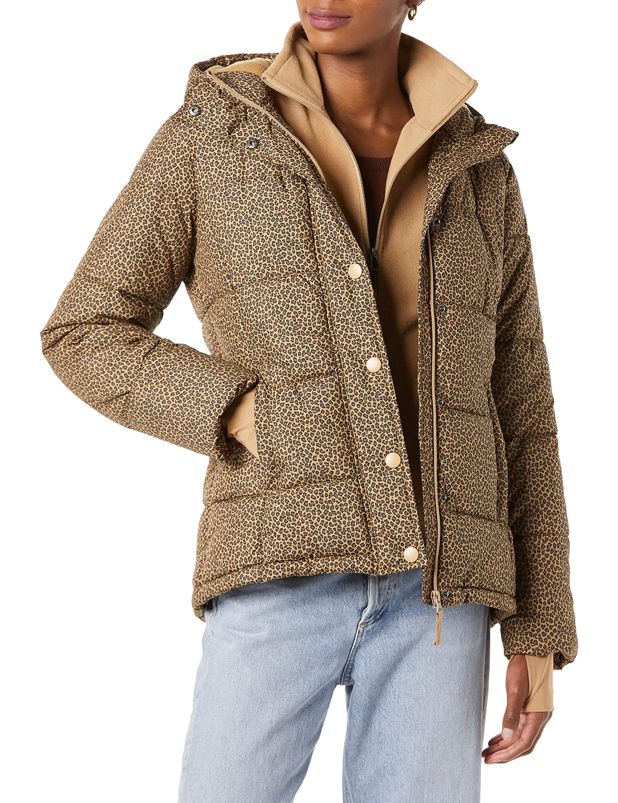 Camel Leopard Women's Long Puffer Coat - Lightweight & Warm - AmEss