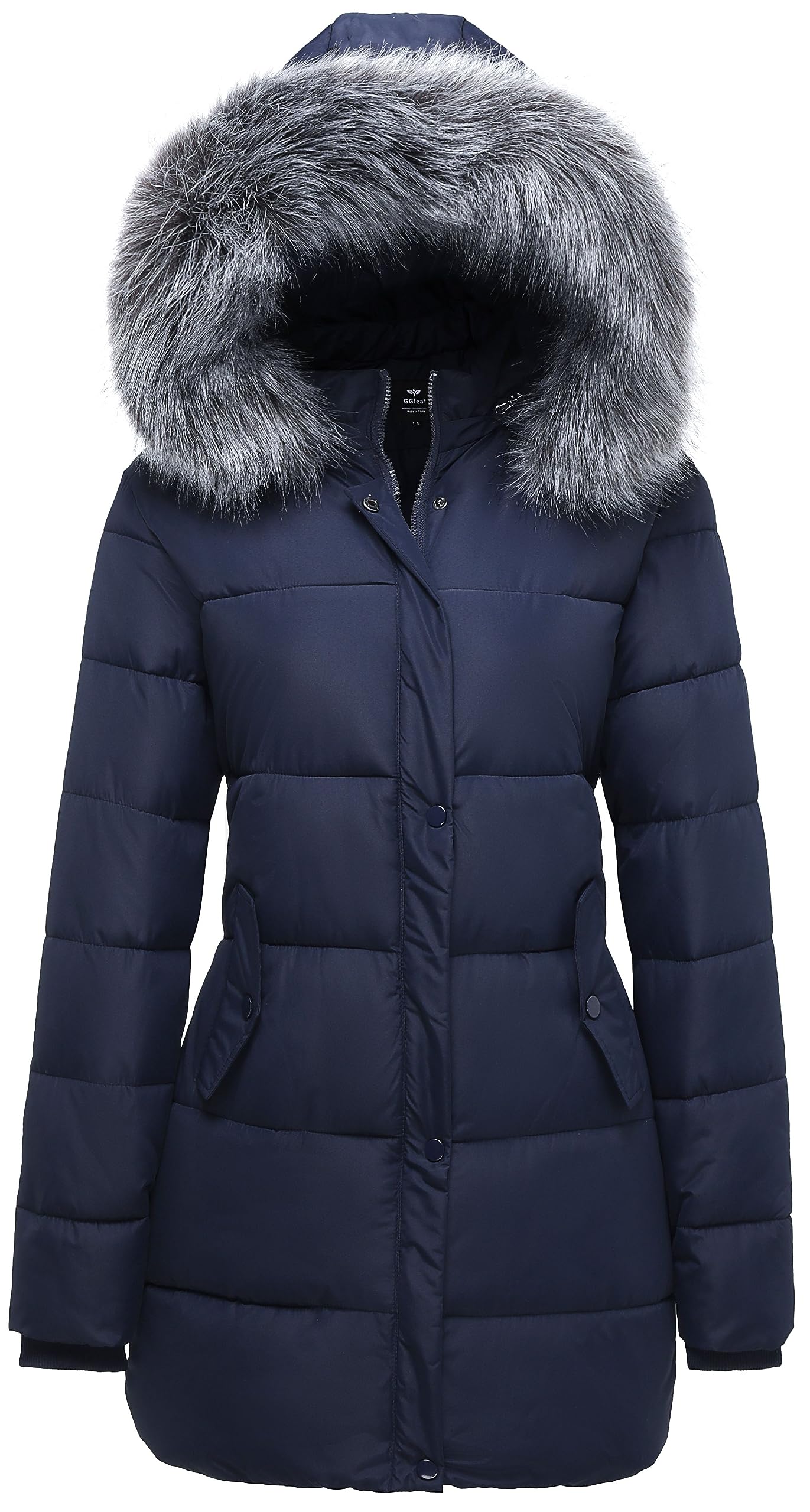 Dark Blue Women's Winter Warmth - Slim Coat with Fur Hood - Ggleaf