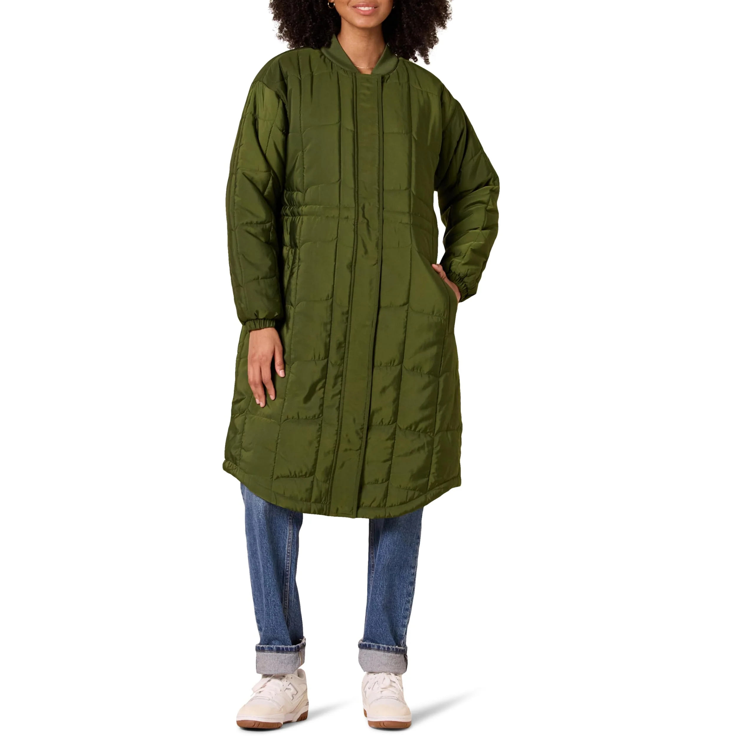 Dark Olive Women's Slim Coat with Oversized Quilted Exterior - AmEss