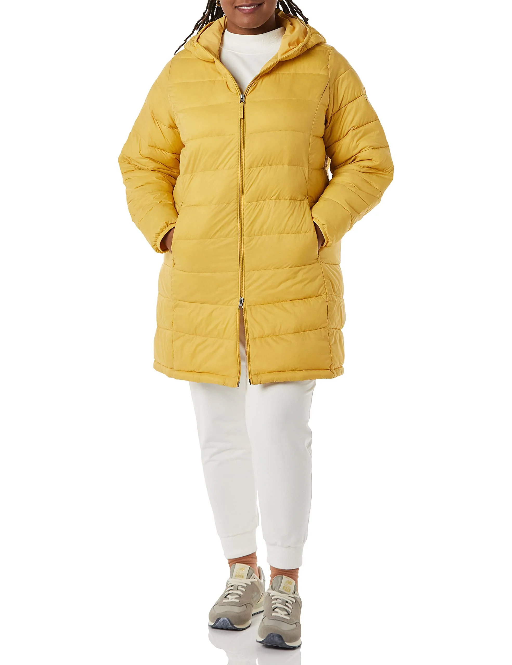 Dark Yellow Women's Lightweight Water-Resistant Hooded Slim Fit Puffer Coat - AmEss