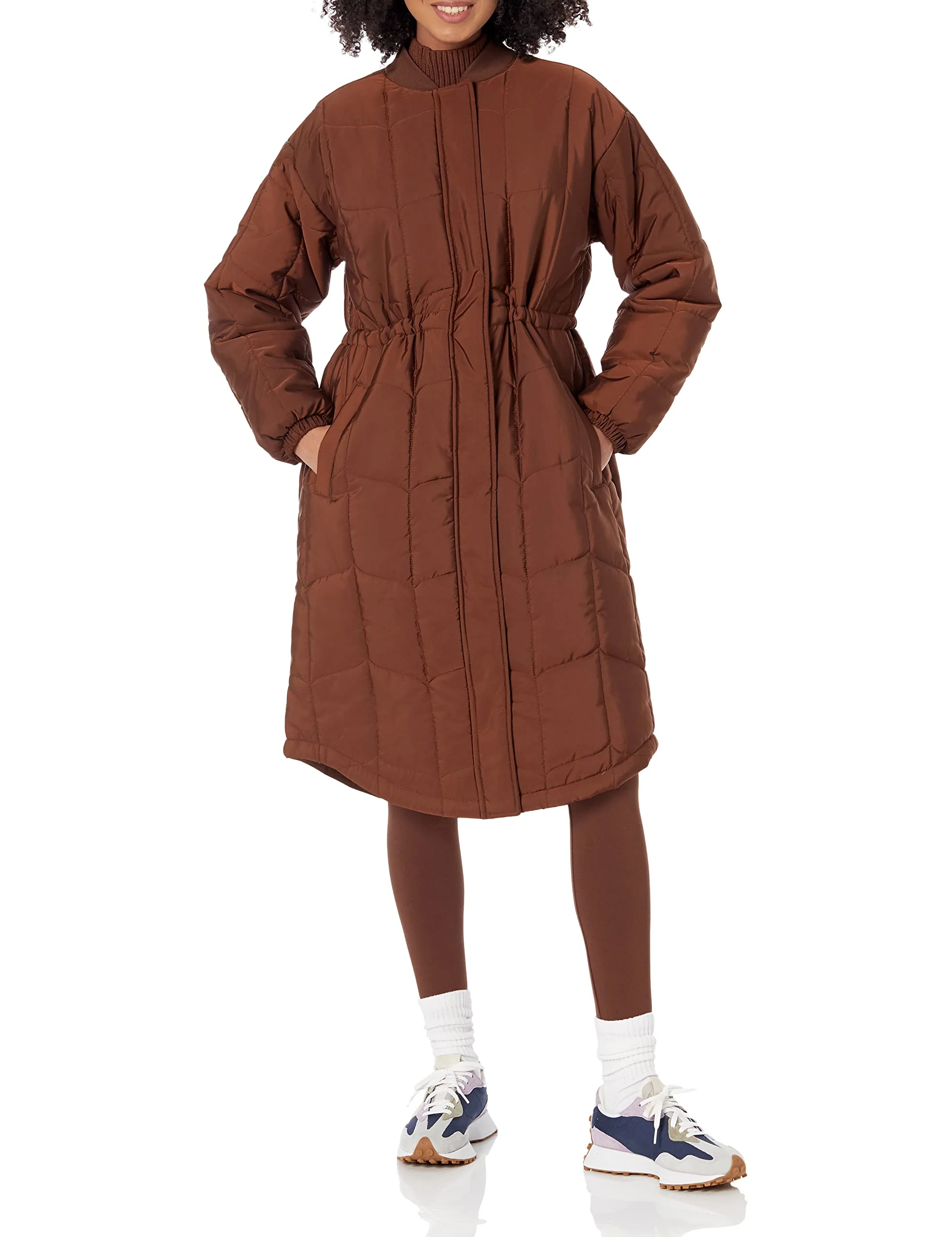 Deep Brown Oversized Quilted Coat for Women - Slim Waist - AmEss