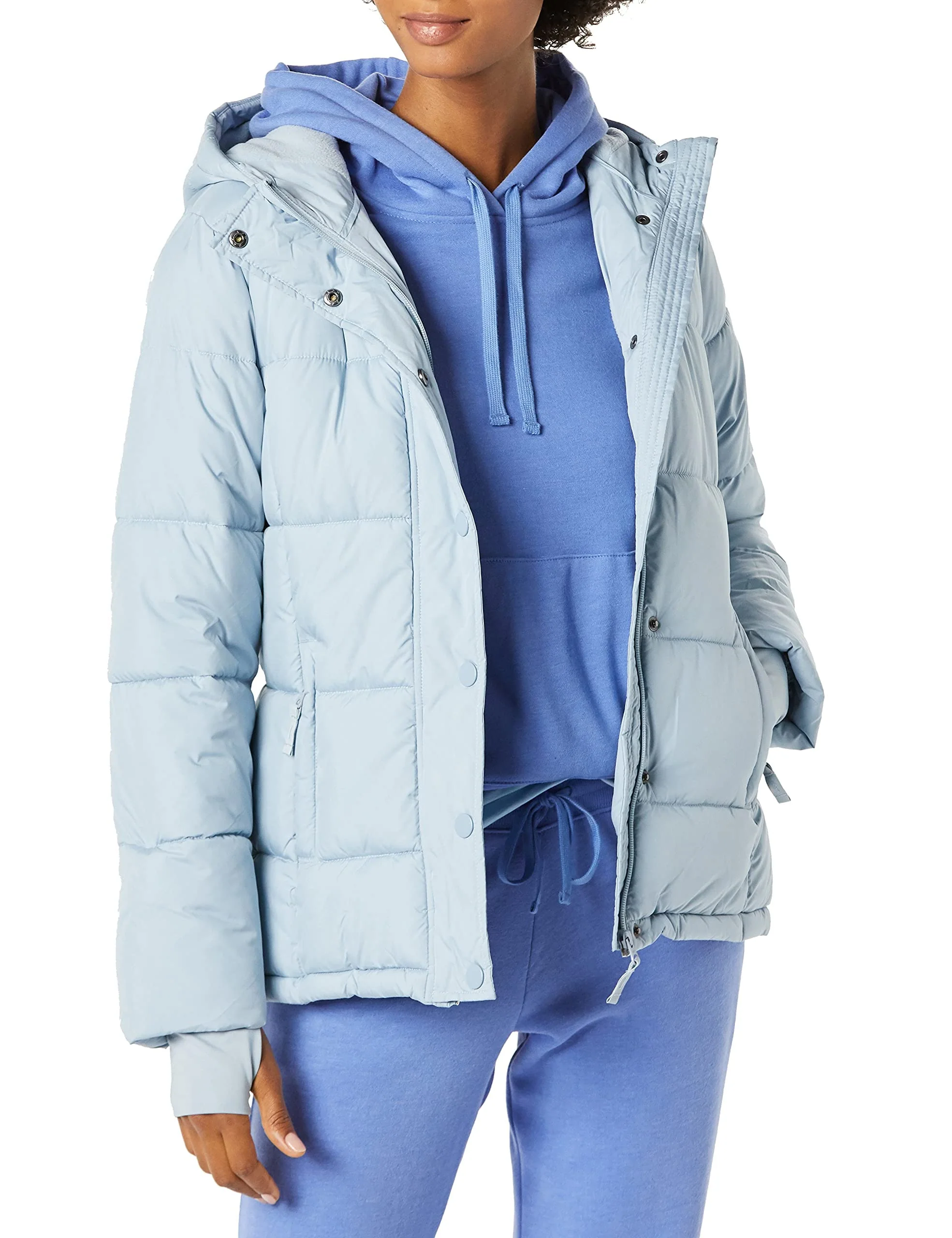 Dusty Blue Women's Winter Must-Have: Slim-Fit Puffer Coat with Long Sleeves & Removable Hood (Plus Size Friendly) - AmEss