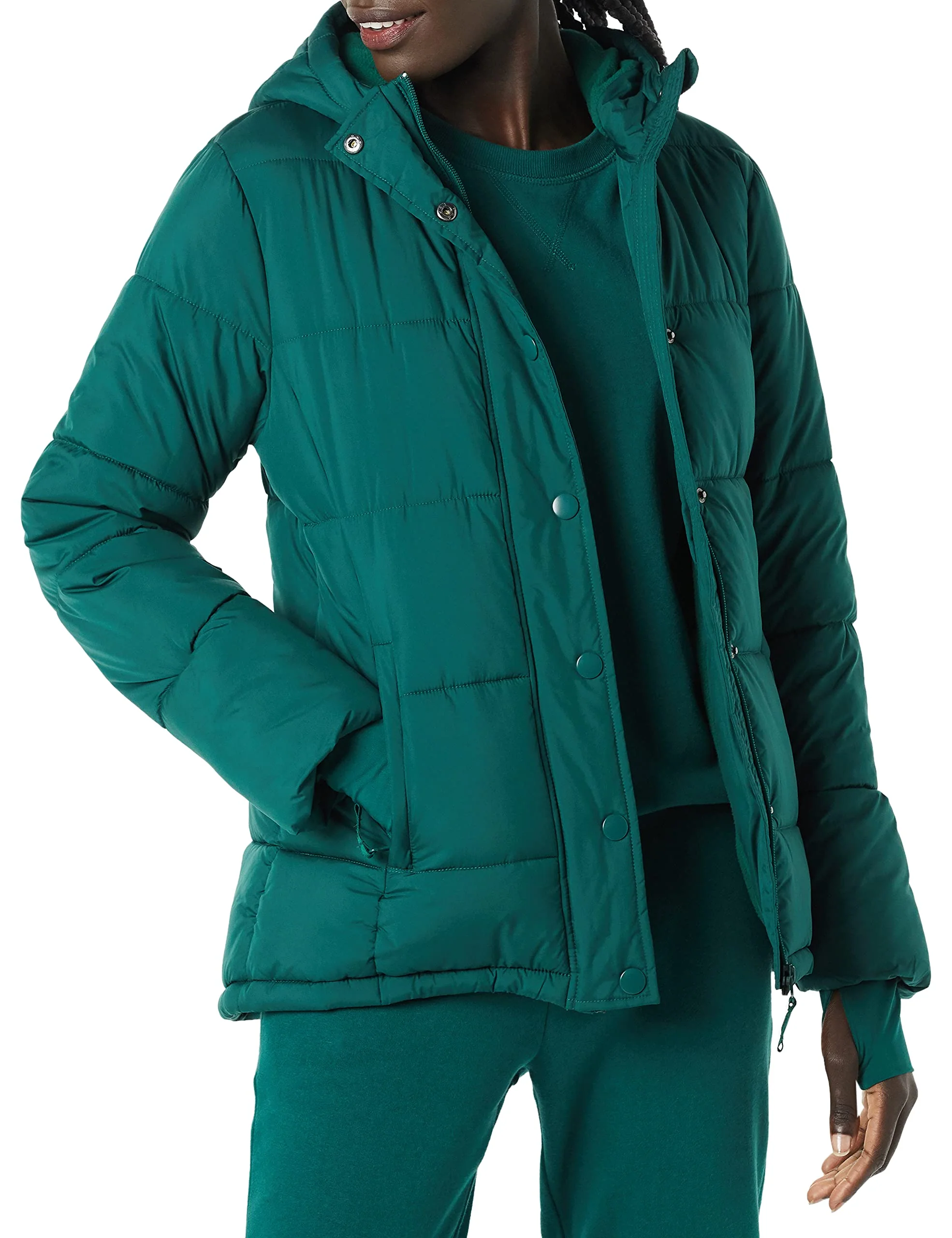 Dusty Blue Women's Winter Must-Have: Slim-Fit Puffer Coat with Long Sleeves & Removable Hood (Plus Size Friendly) - AmEss - Image 2