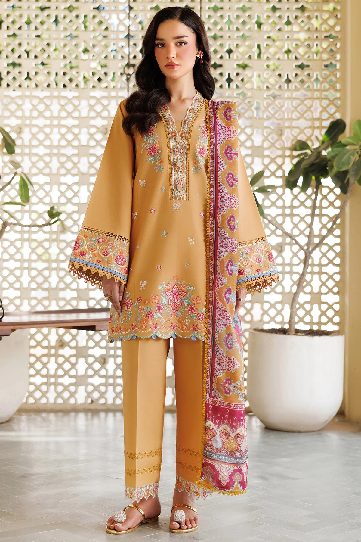 Farasha Online Golden Bloom Summer Weaves Embroidered lawn 2025