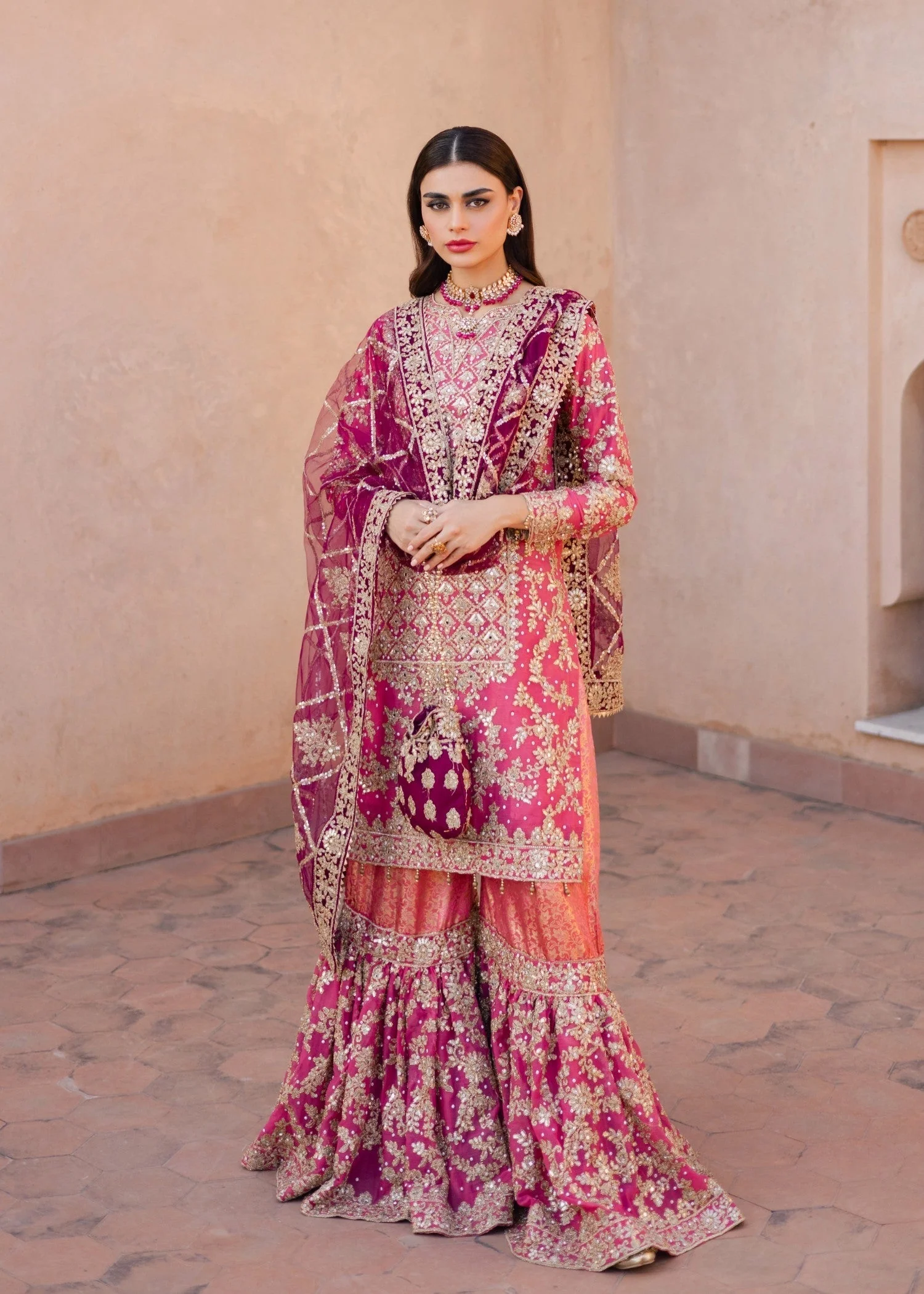 Haseens Coral Pink Gharara Maahi 2025