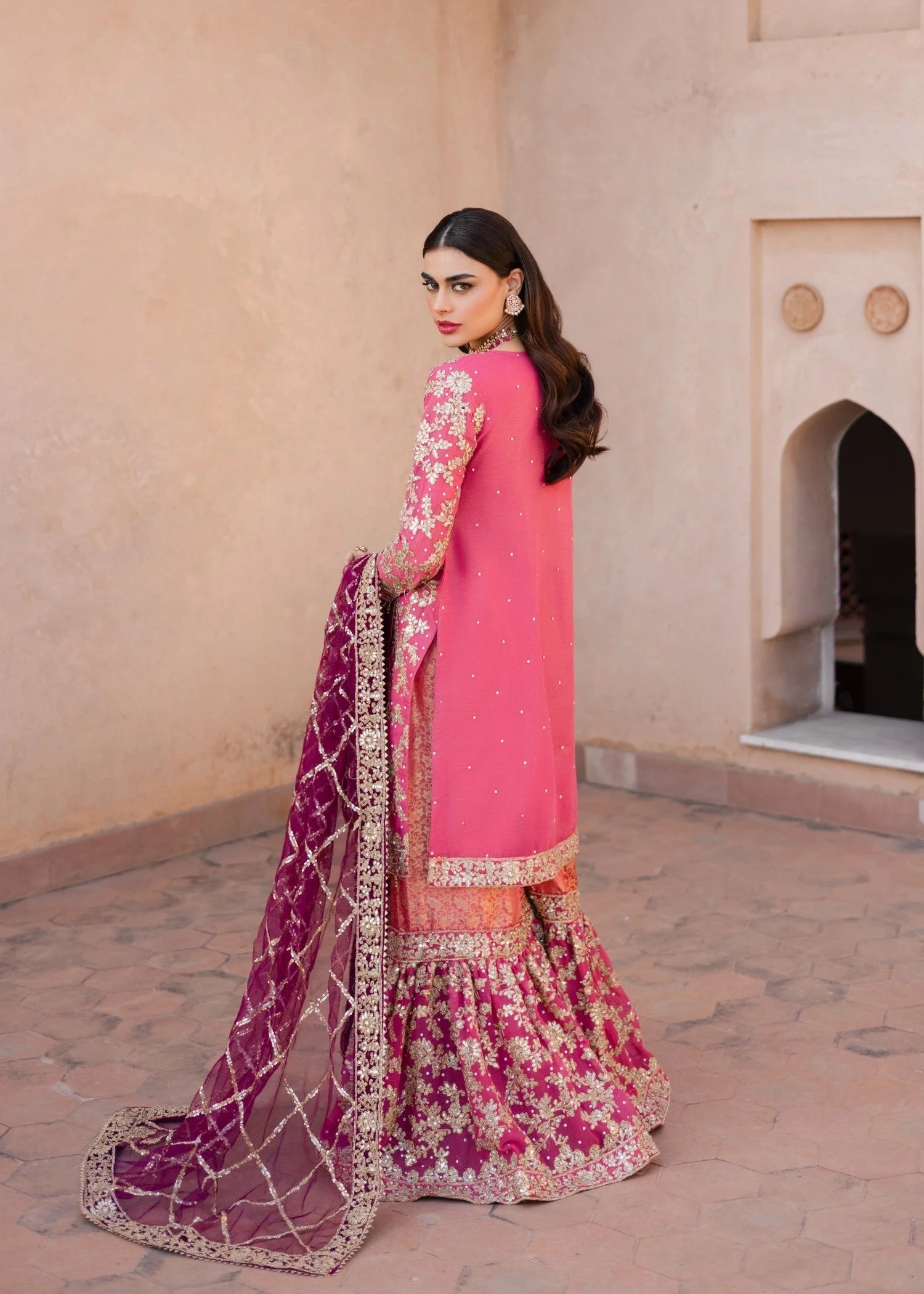 Haseens Coral Pink Gharara Maahi 2025 - Image 2