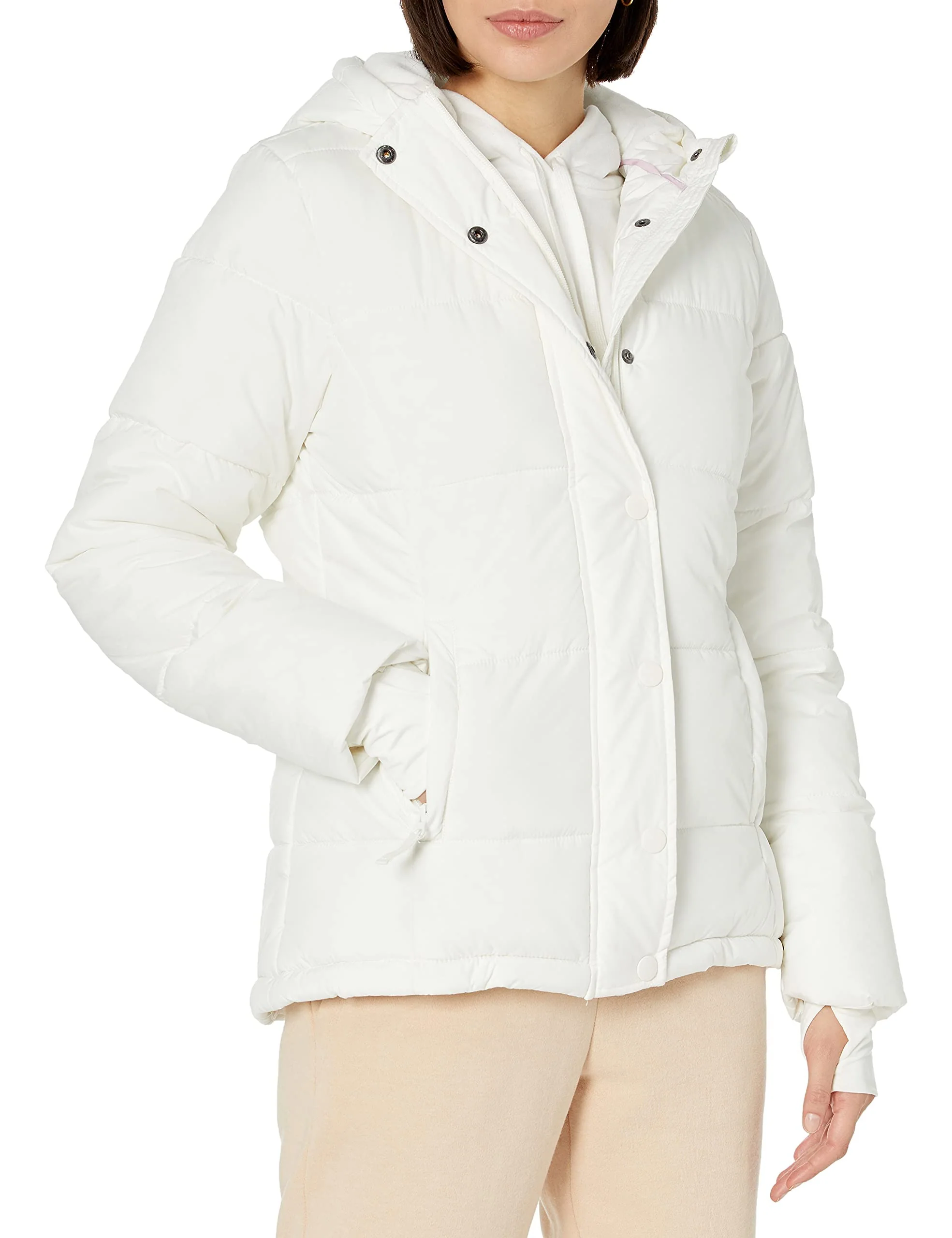 Ivory Stay Cozy in Style: Women's Slim-Cut Puffer Coat with Long Sleeves & Removable Hood (Plus Sizes) - AmEss