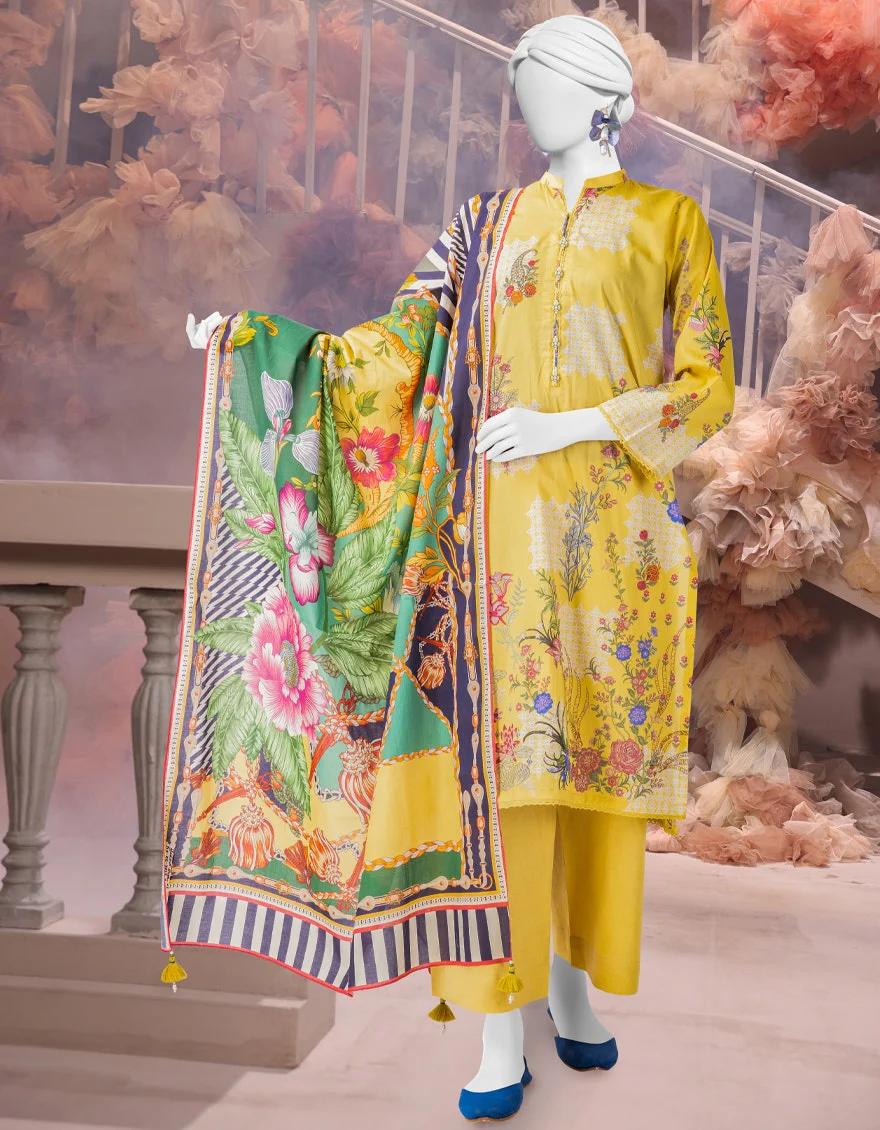 Junaid Jamshaid 3PC-25-3217 Yellow Cambric Printed Shades Of Summer 2025