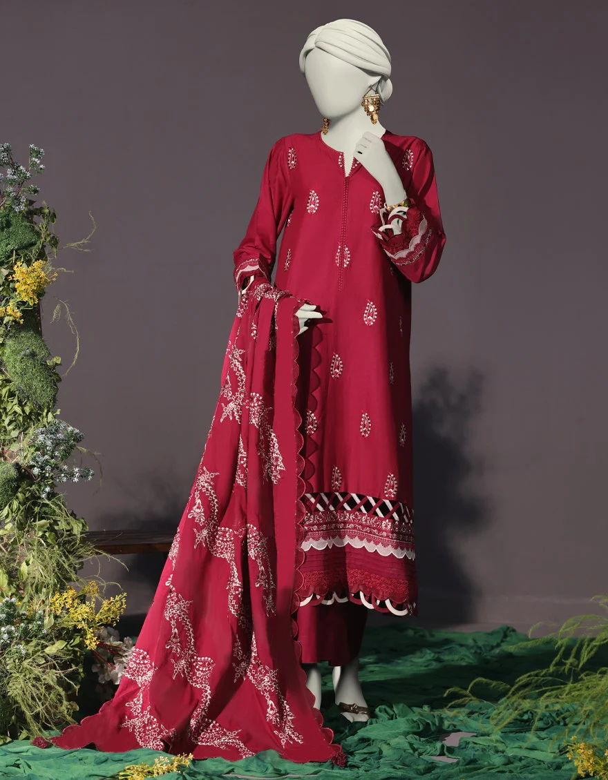 Junaid Jamshaid 3PC-JJLS-W-JW-24-1745 Maroon Cambric Embroidered Shades Of Summer 2025