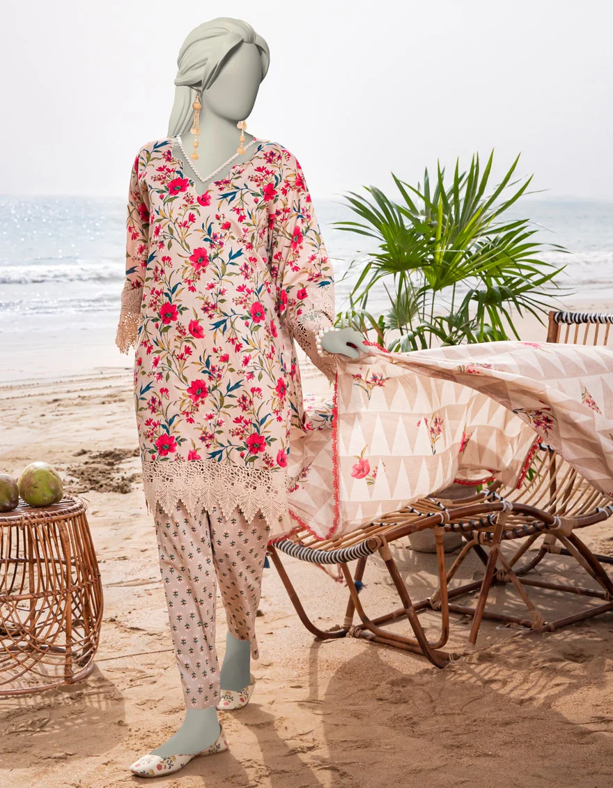 Junaid Jamshaid 3PC-JLAWN-S-25-3052 Beige Lawn Printed Shades Of Summer 2025