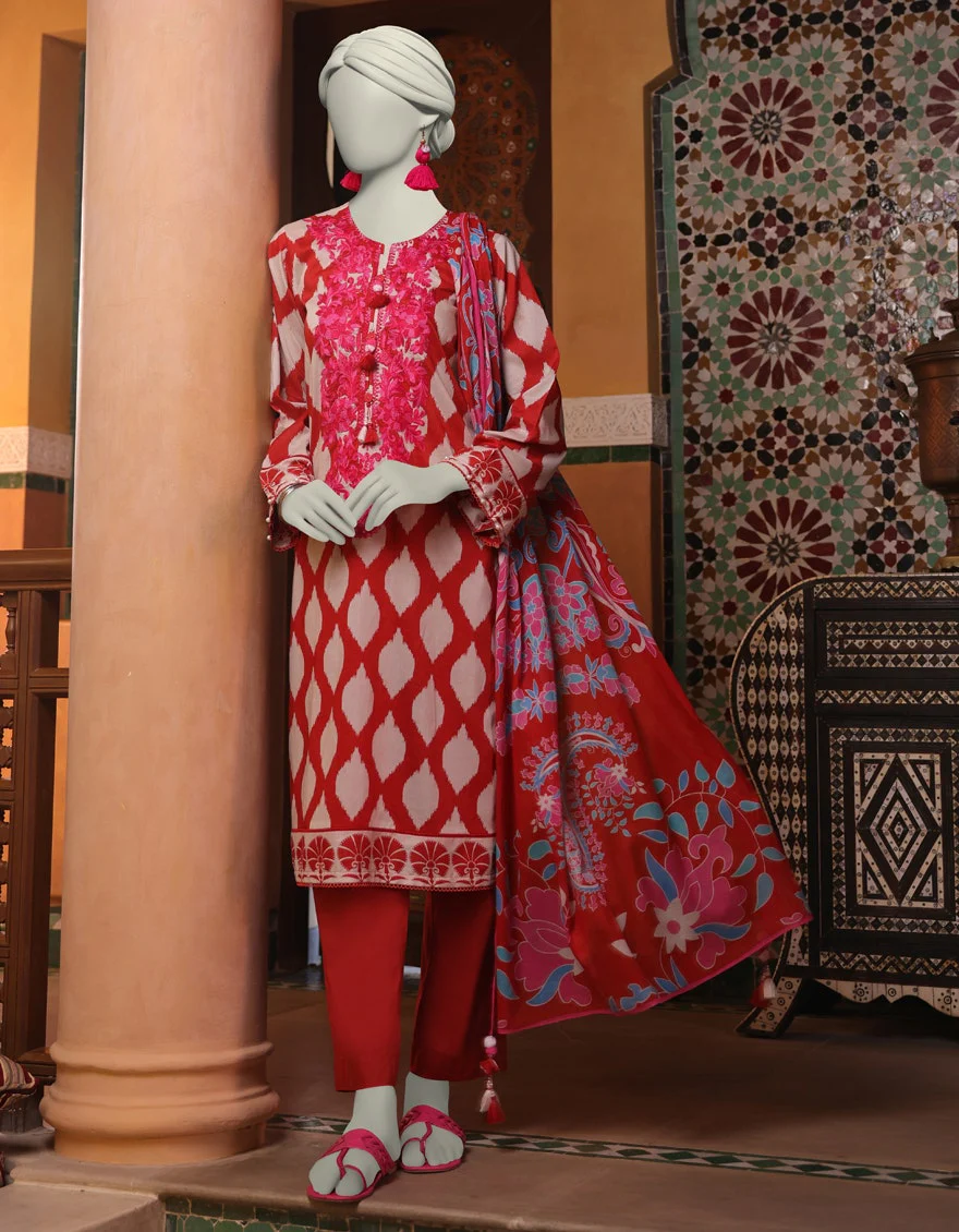 Junaid Jamshaid 3PC-JLAWN-S-25-3061 Red Lawn Embroidered Shades Of Summer 2025