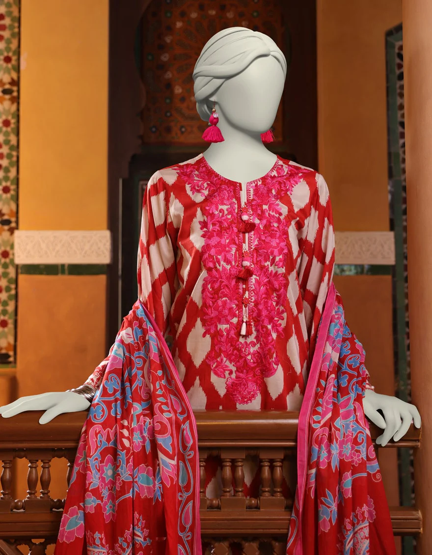 Junaid Jamshaid 3PC-JLAWN-S-25-3061 Red Lawn Embroidered Shades Of Summer 2025 - Image 2