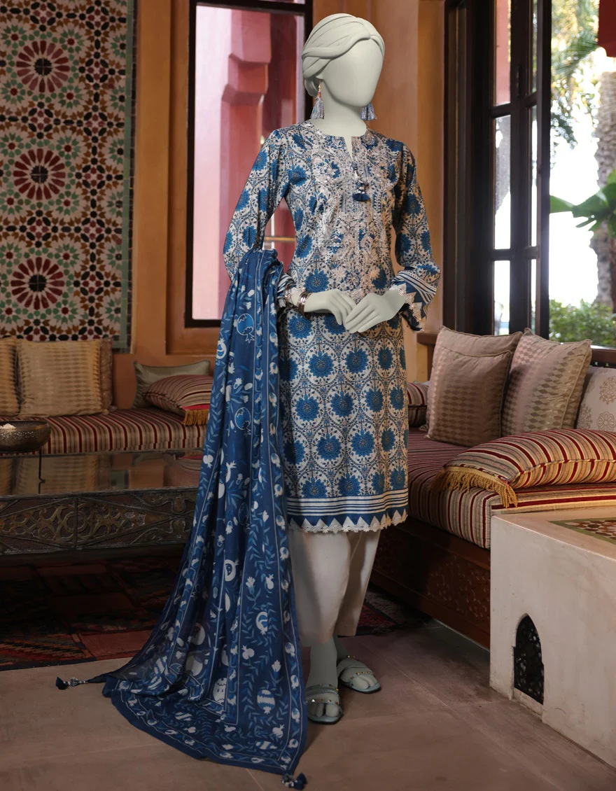 Junaid Jamshaid 3PC-JLAWN-S-25-3064 Blue Lawn Embroidered Shades Of Summer 2025