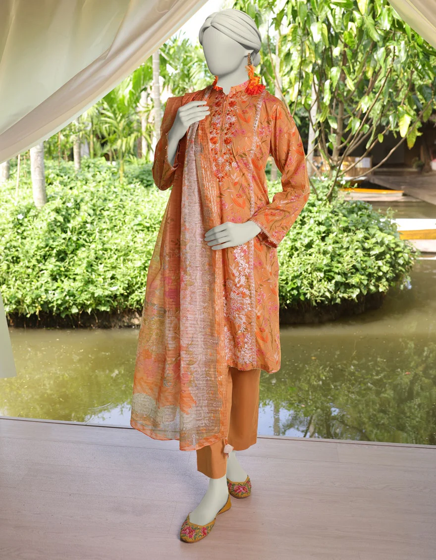 Junaid Jamshaid 3PC-JLAWN-S-25-3076 Beige Lawn Embroidered Shades Of Summer 2025