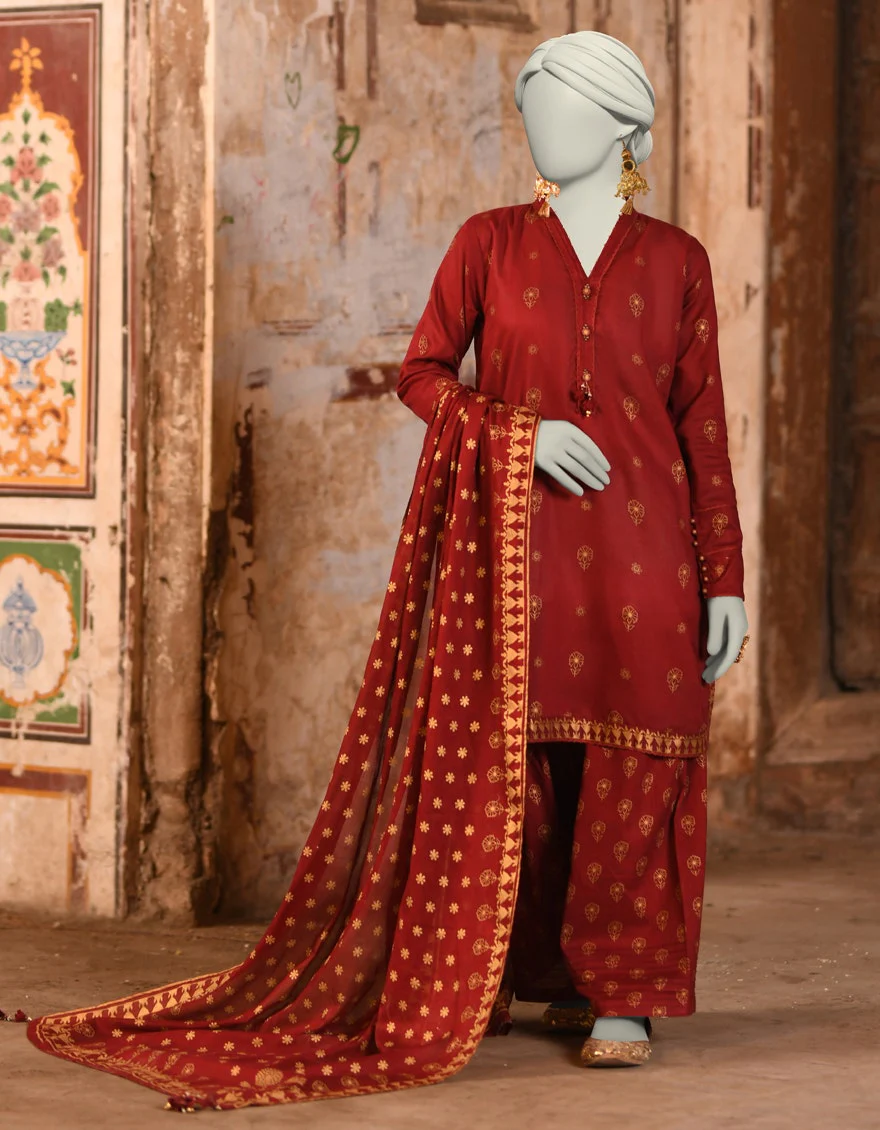 Junaid Jamshaid 3PC-JLAWN-S-25-3133 Maroon Lawn  Printed Shades Of Summer 2025