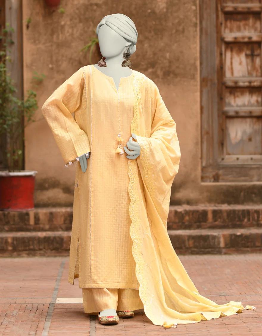 Junaid Jamshaid 3PC-JLAWN-S-25-3180 Yellow Doria Dyed Shades Of Summer 2025