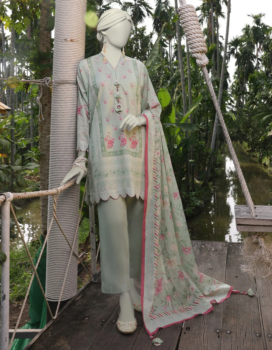 Junaid Jamshaid 3PC-JLAWN-S-25-801 Green Lawn Printed Shades Of Summer 2025