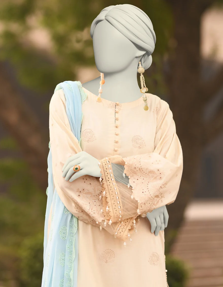 Junaid Jamshaid DATA-ITEM-PAGE="3"> Beige Lawn Schiffli 3pc Jlawn S 25 3153 Shades Of Summer 2025 - Image 2