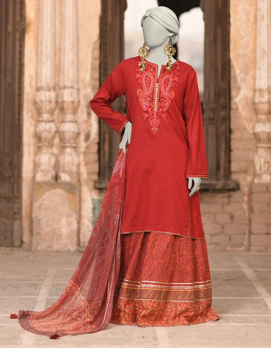 Juniad Jamshaid Red Dobby Embroidered 3PC-JLAWN-S-25-014-S Summer Pret 2025