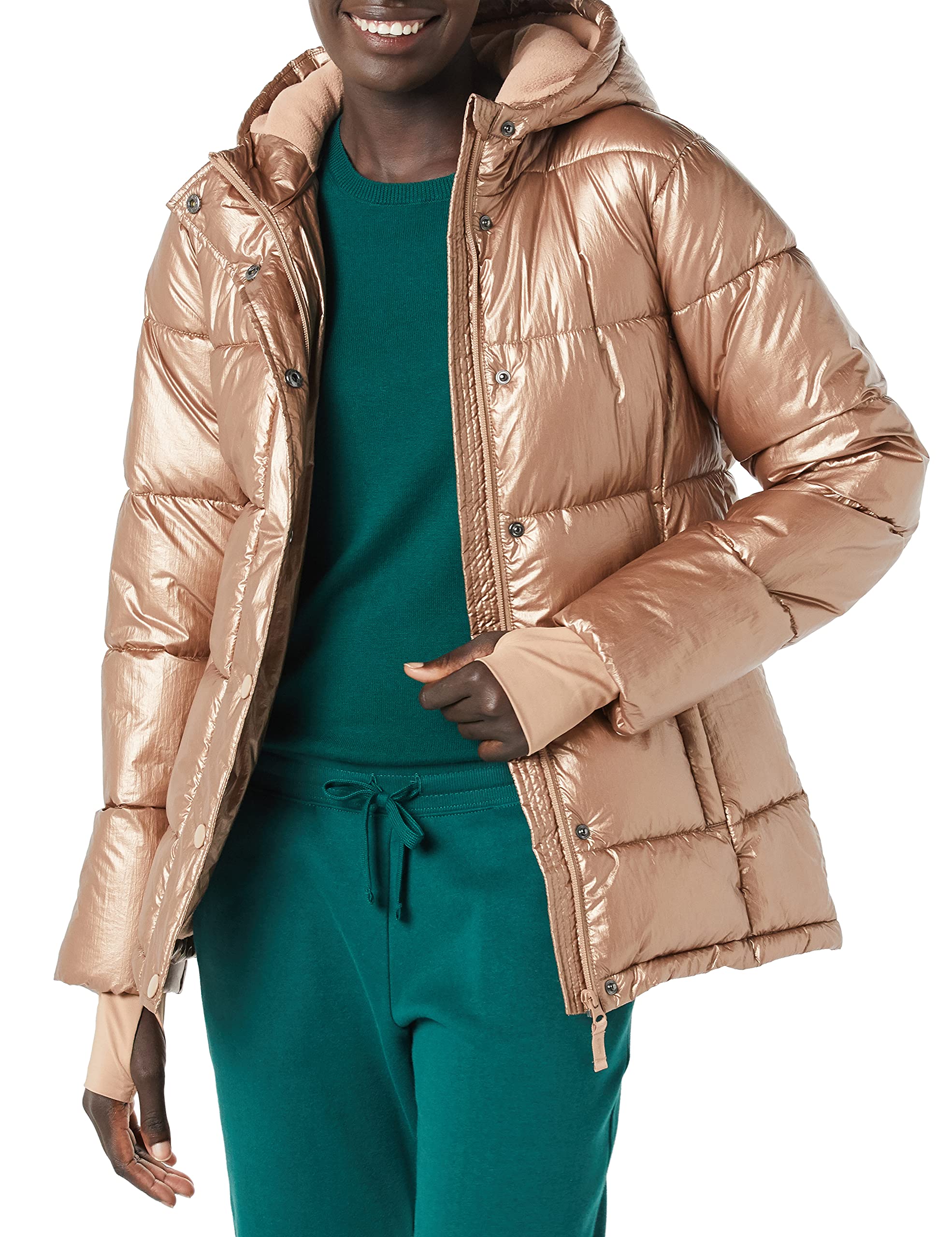 Metallic Taupe Women's Slim Puffer Coat - Warm & Stylish - AmEss