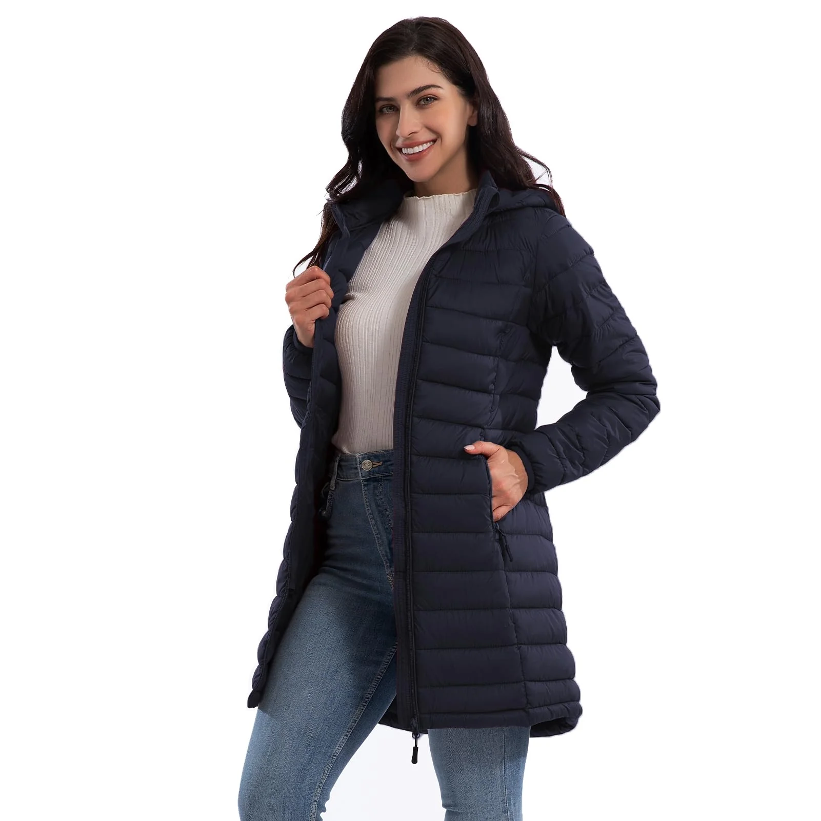 Navy Blue Women's Detachable Hood Slim-Fit Coat - ZMC