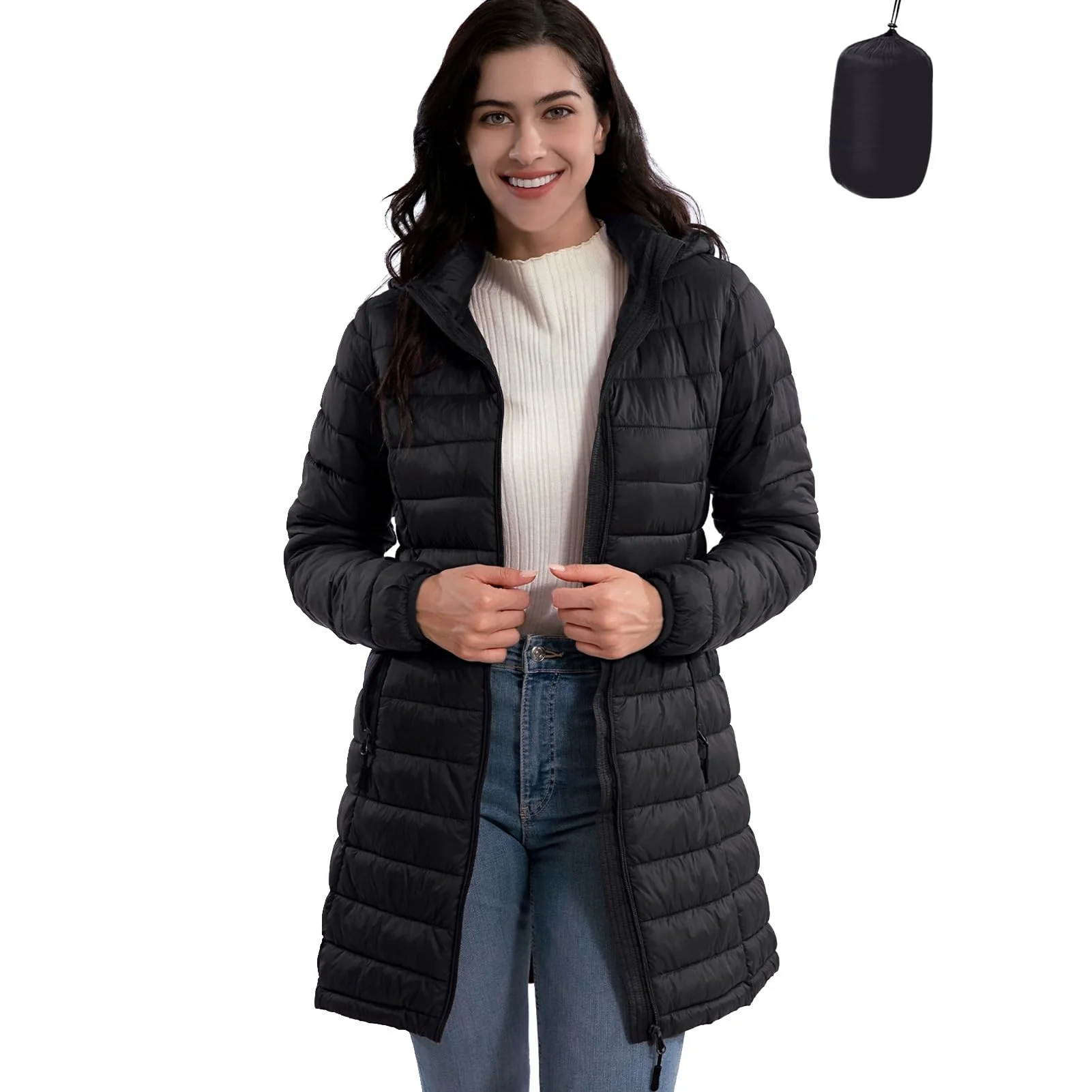 Navy Blue Women's Detachable Hood Slim-Fit Coat - ZMC - Image 2