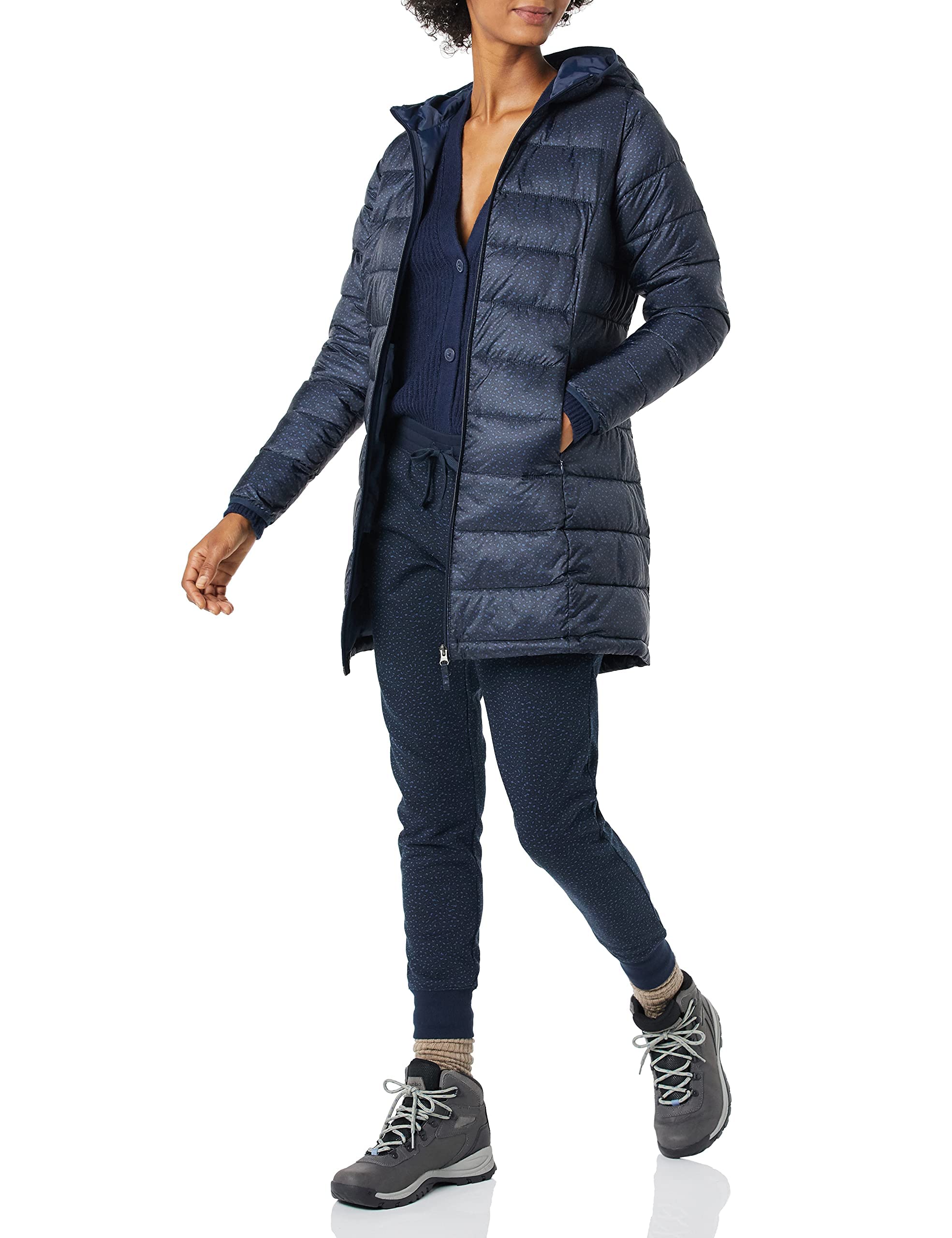 Navy Cheetah Women's Lightweight Hooded Puffer Coat with Water-Resistant Zippe - AmEss
