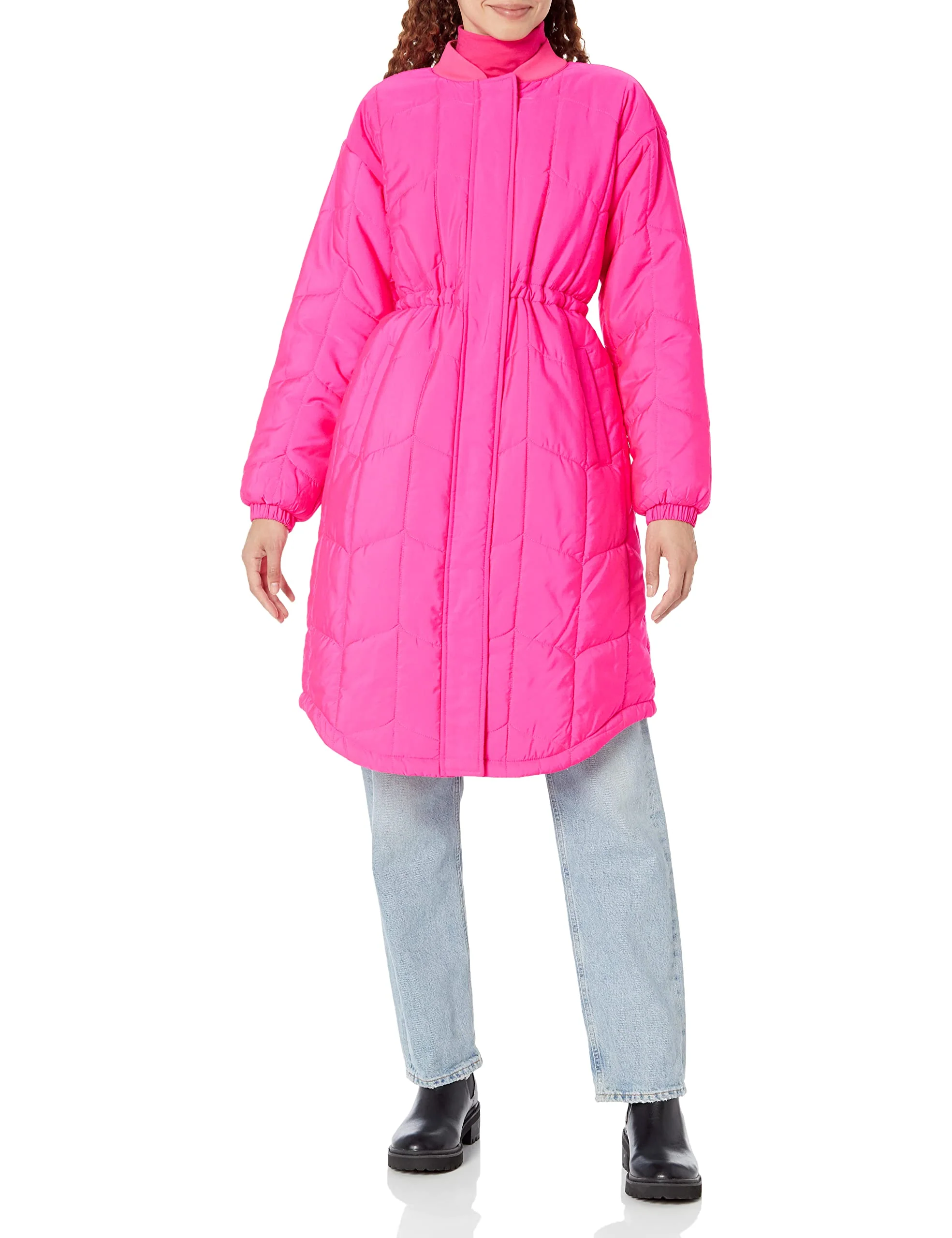 Neon Pink Slim-Fit Women's Coat with Oversized Quilting - AmEss