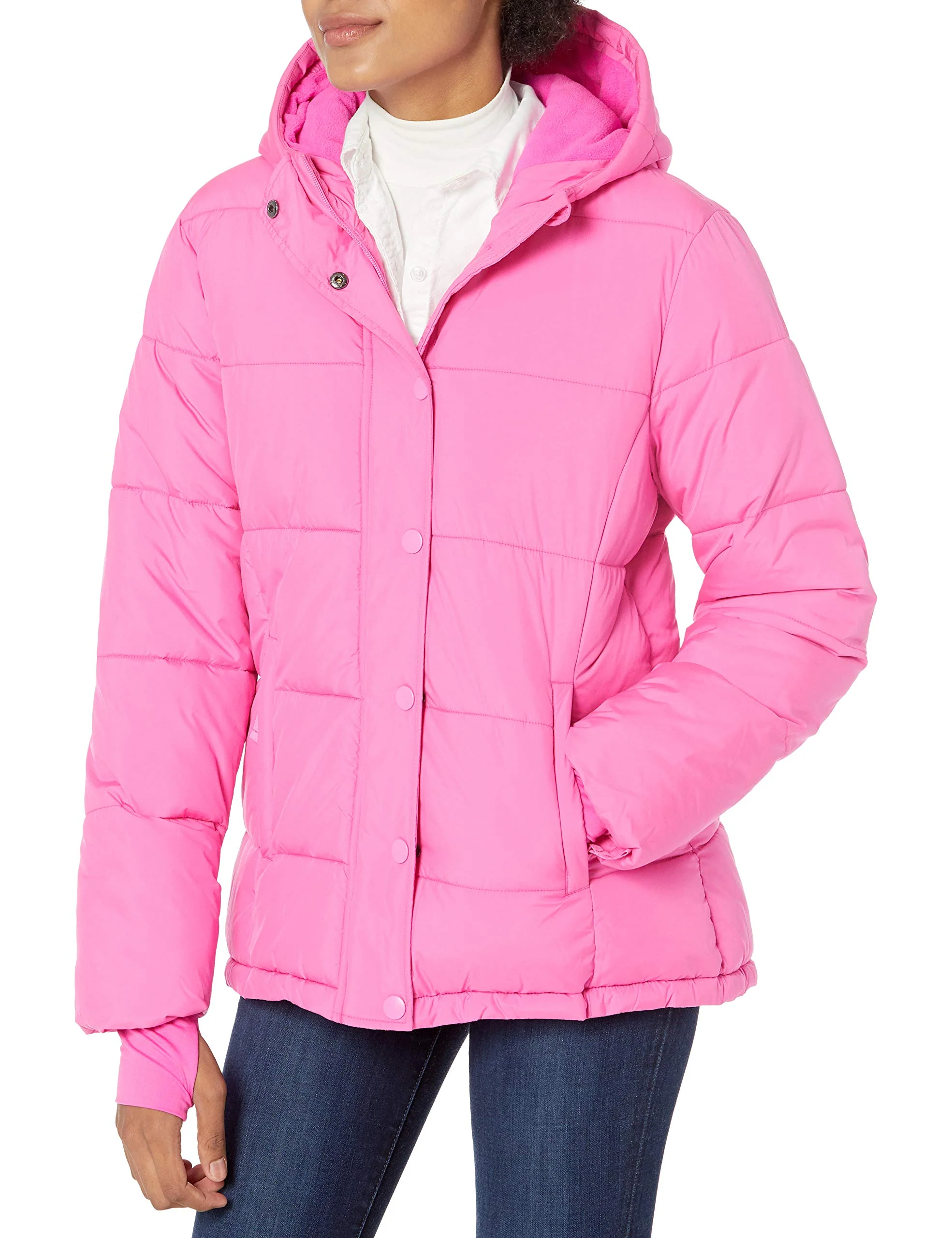 Neon Pink Women's Warmth & Elegance: Slim-Fit Hooded Puffer Coat with Long Sleeves (Plus Size Options) - AmEss