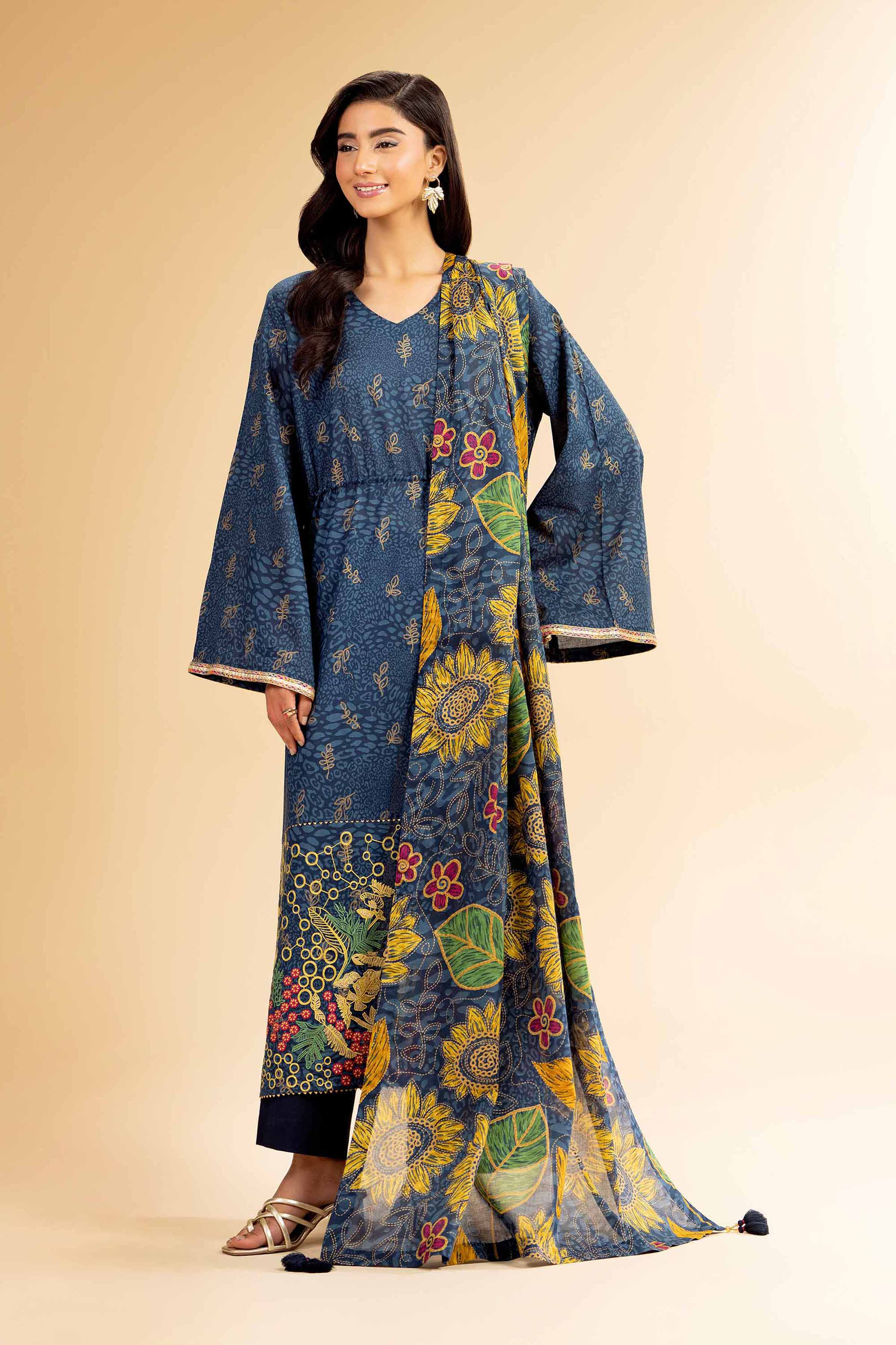 Nishat Linen 3 Piece - Gold Printed Embroidered Suit - 42501419 Embroidered Eid Lawn Collection 0