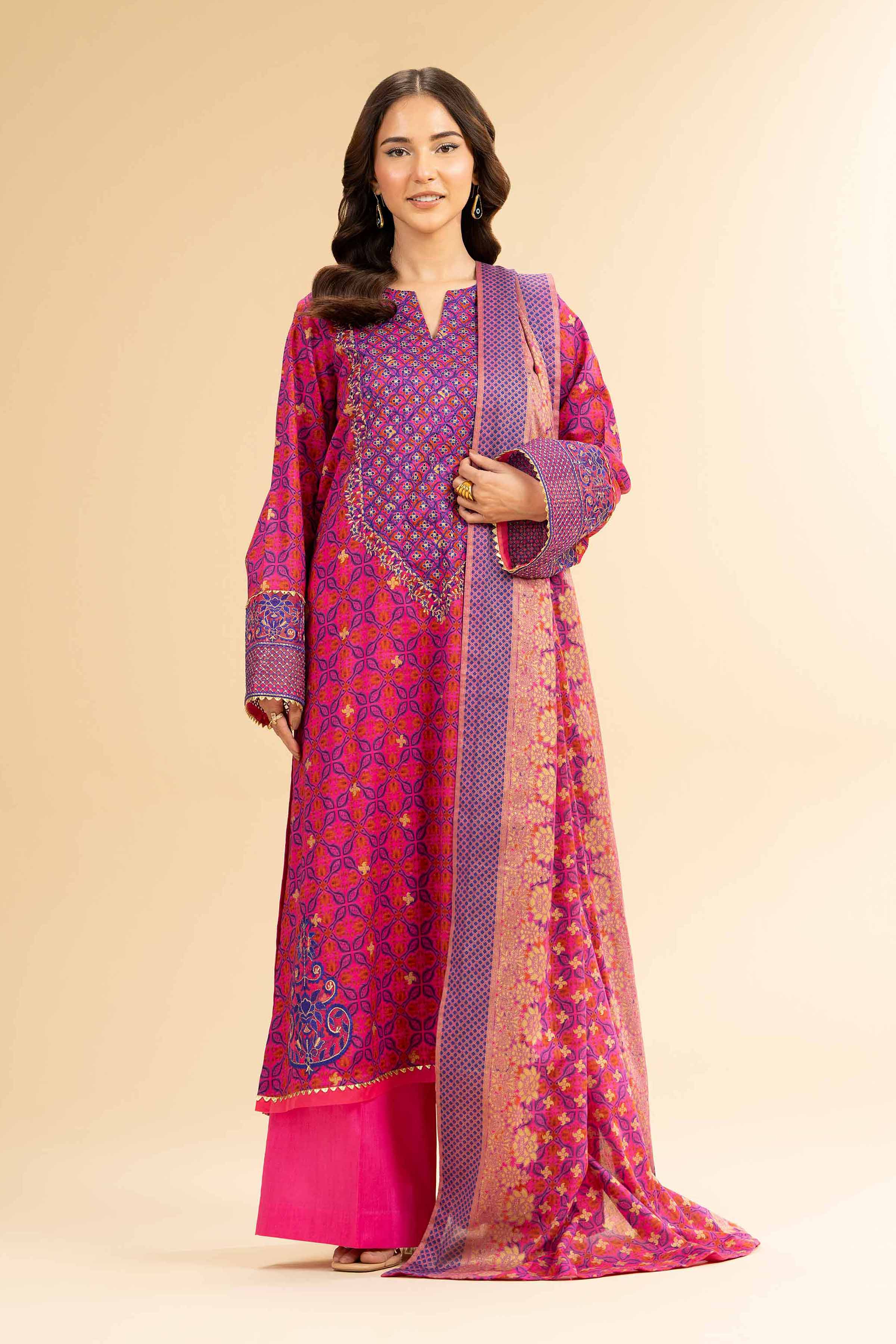 Nishat Linen 3 Piece - Gold Printed Embroidered Suit - 42501420 Embroidered Eid Lawn Collection 0