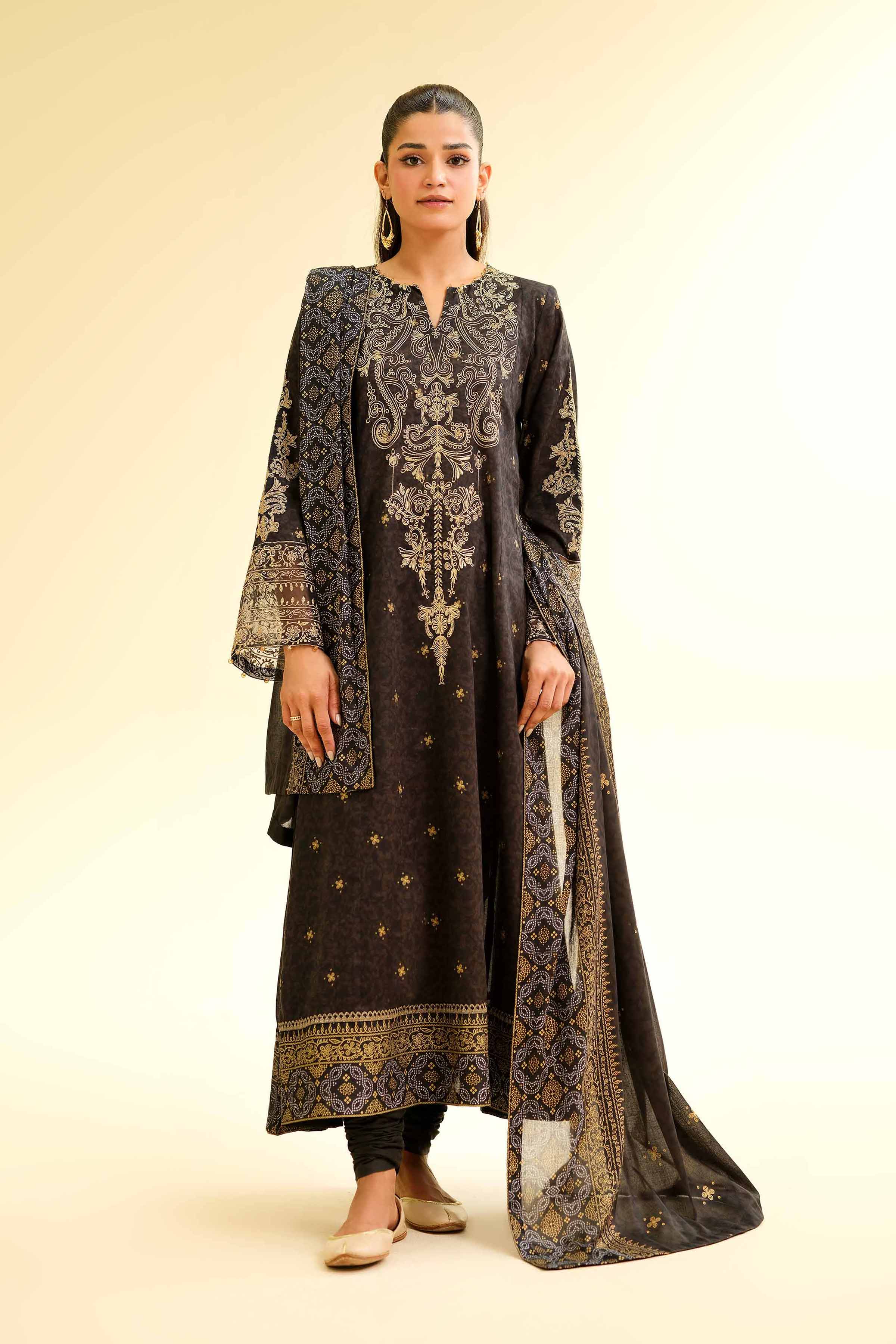 Nishat Linen 3 Piece - Gold Printed Embroidered Suit - 42501423 Embroidered Eid Lawn Collection 0