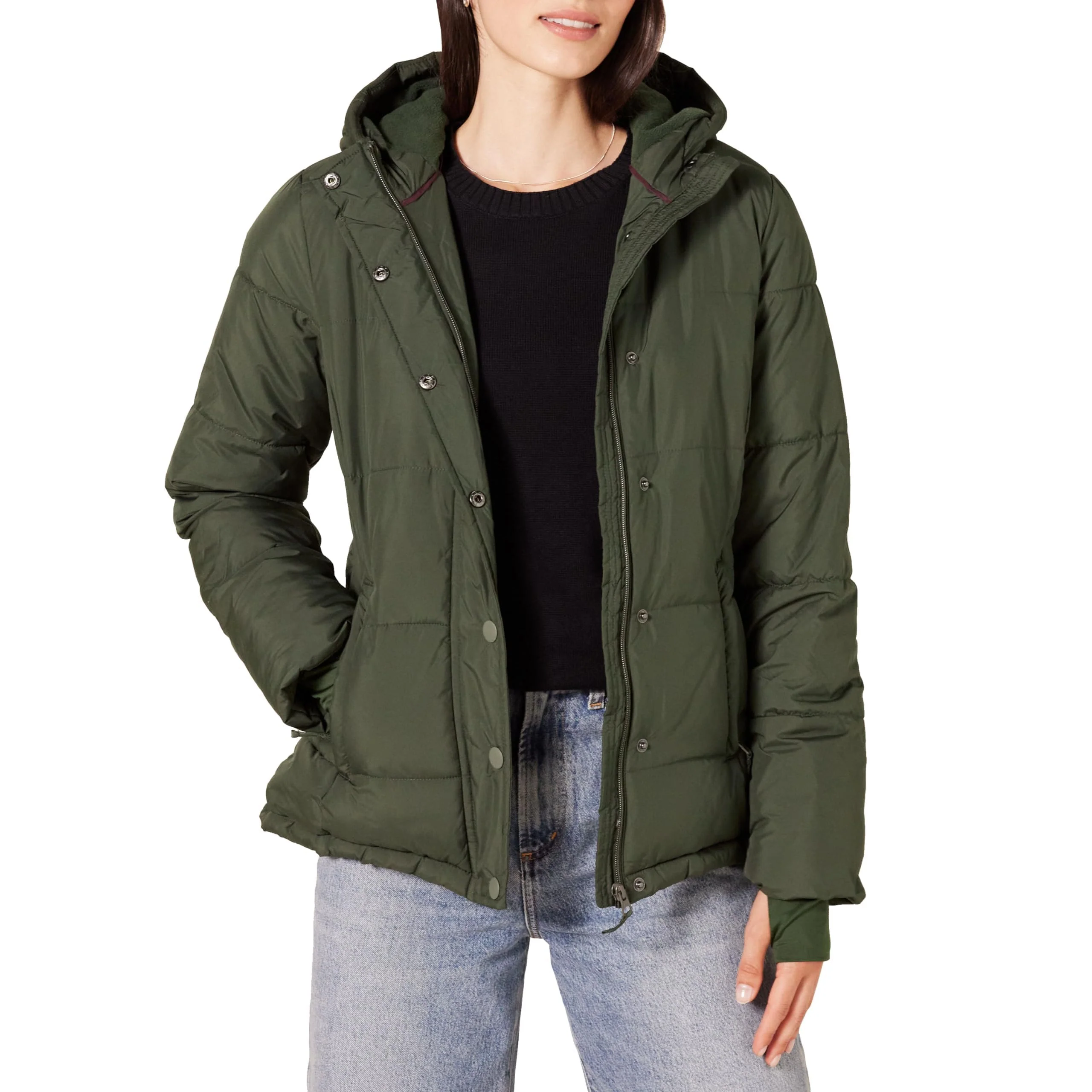 Olive Stylish & Warm: Women's Long-Sleeve Hooded Puffer Coat in Slim Fit (Plus Sizes) - AmEss