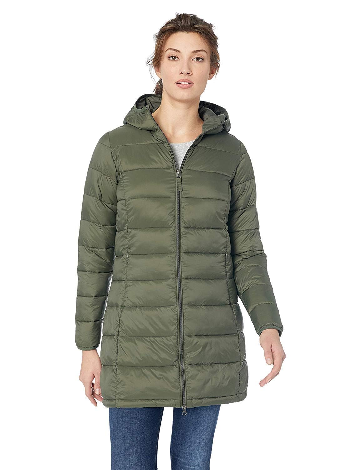Olive Women's Lightweight Hooded Puffer Coat with Water-Resistant Finish - AmEss
