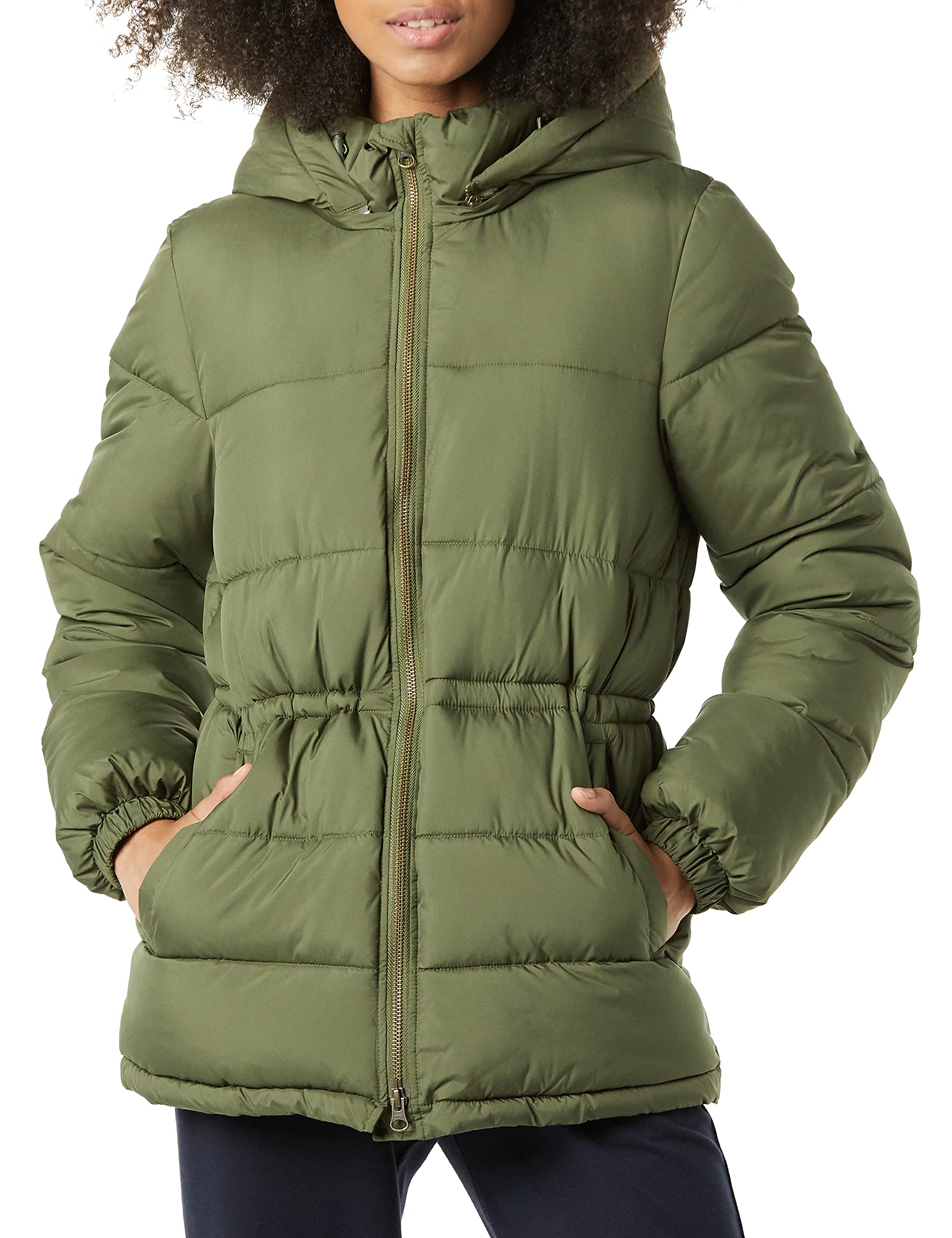 Olive Women's Stylish Puffer Jacket: Slim Cut, Cinched Waist - AmEss