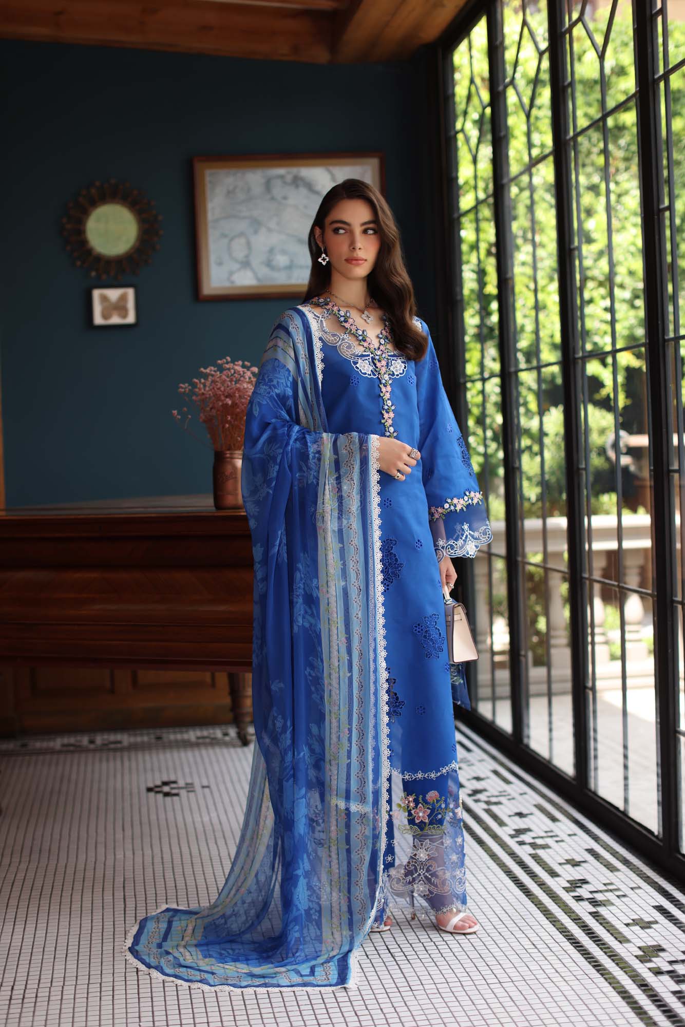 Saadia Asad D4- Ink Blue Noor Eid Luxury Schiffli Laserkari 2025