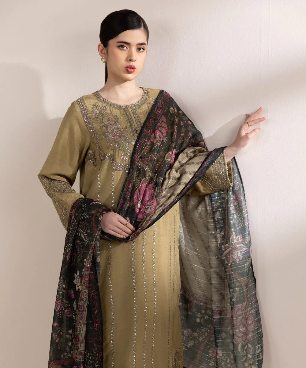 Sapphire 3 Piece - Embroidered Raw Silk Suit F3SFLX25V320 Eid 1 RTW 2025