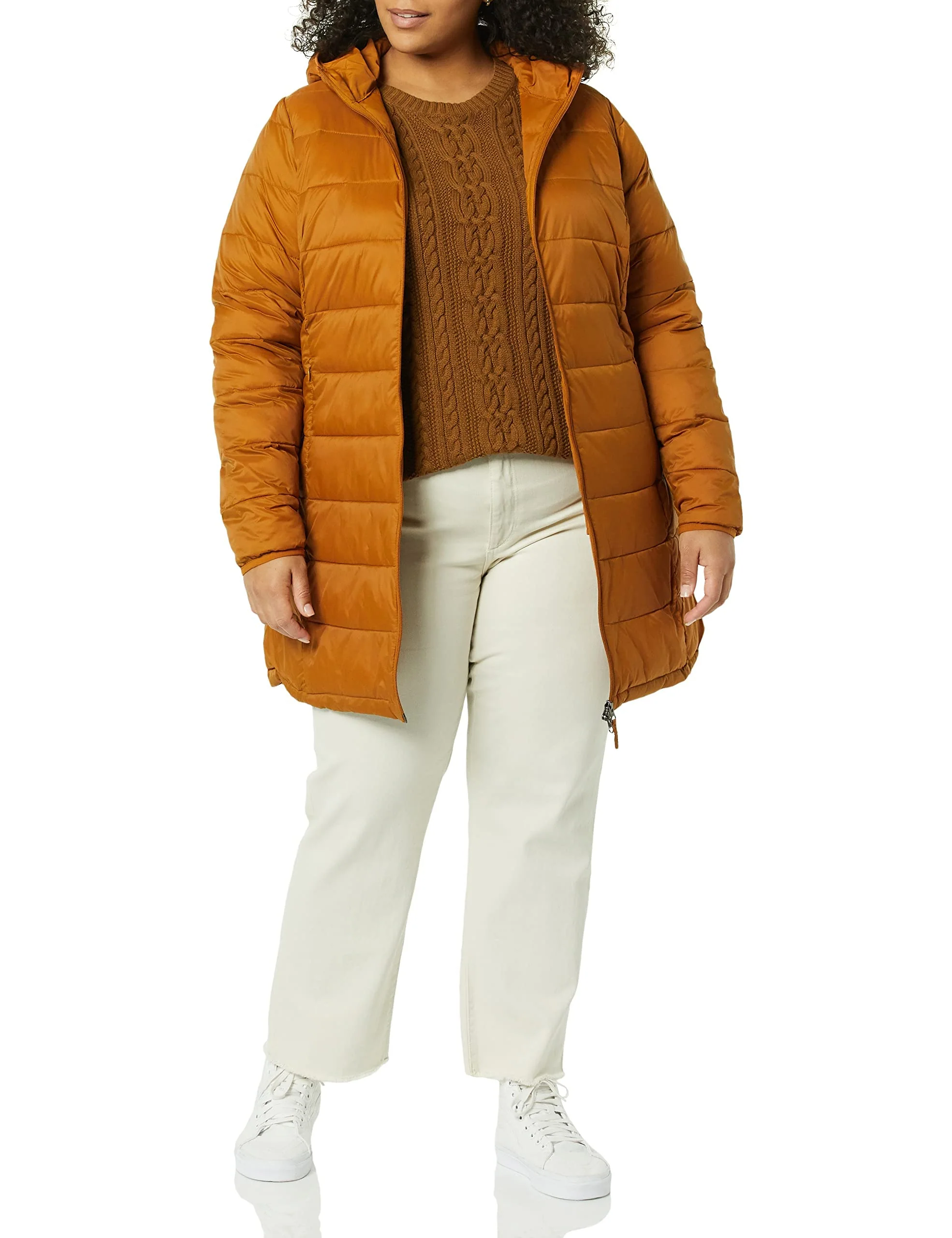 Tan Women's Black Lightweight Water-Resistant Hooded Slim Fit Puffer Coat - AmEss