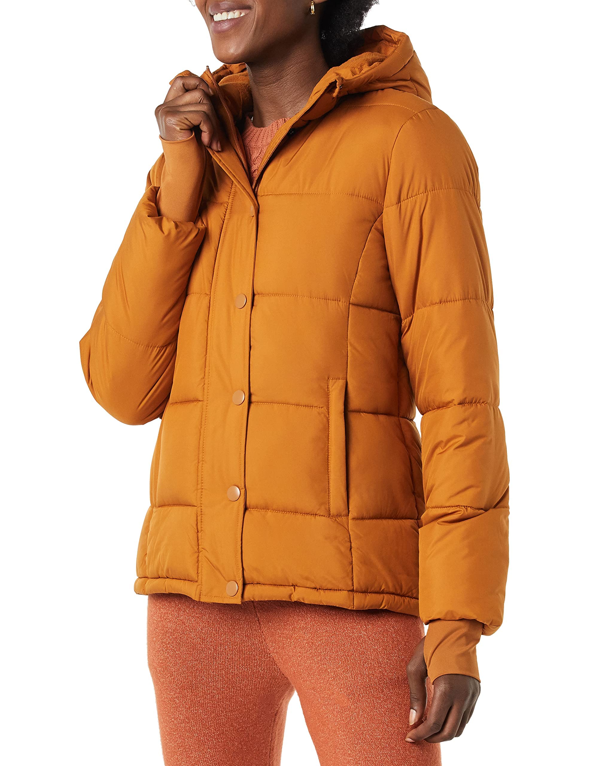 Tan Women's Winter Essential: Slim-Cut Puffer Coat with Long Sleeves & Hood (Plus Sizes) - AmEss