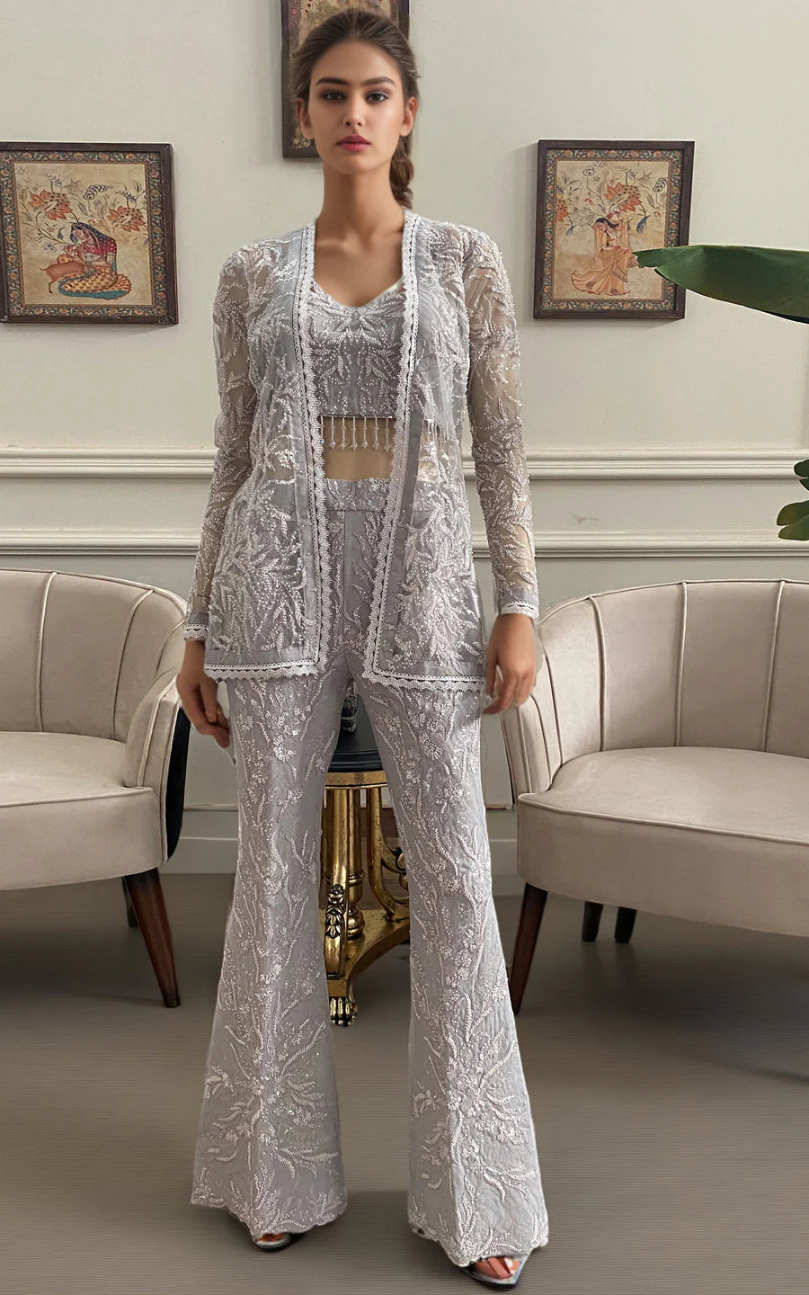 Thread & Motifz Net Embroidered Jacket With Embroidered Trouser 9253 Formal Pret 2024