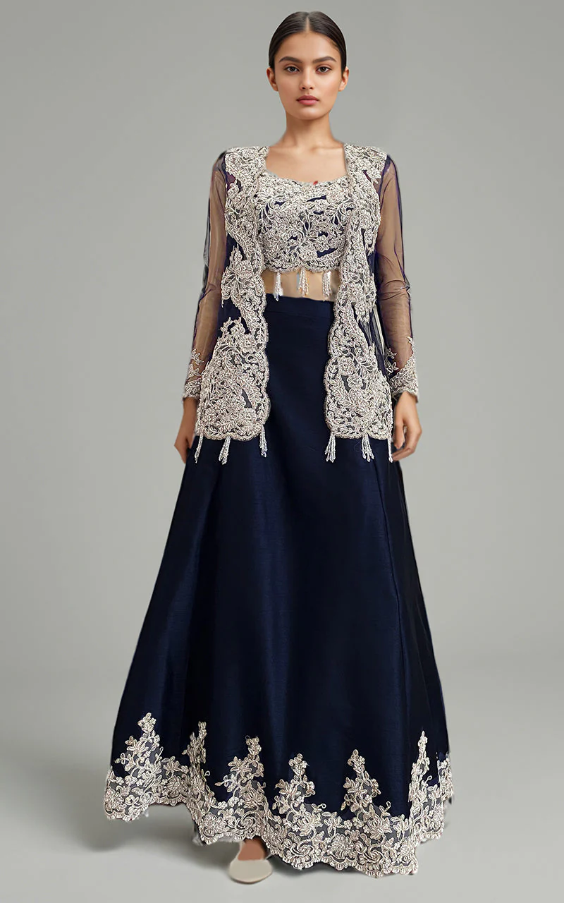 Thread & Motifz Net Embroidered Jacket With Embroidered Tube And Skirt 9450 Formal Pret 2024