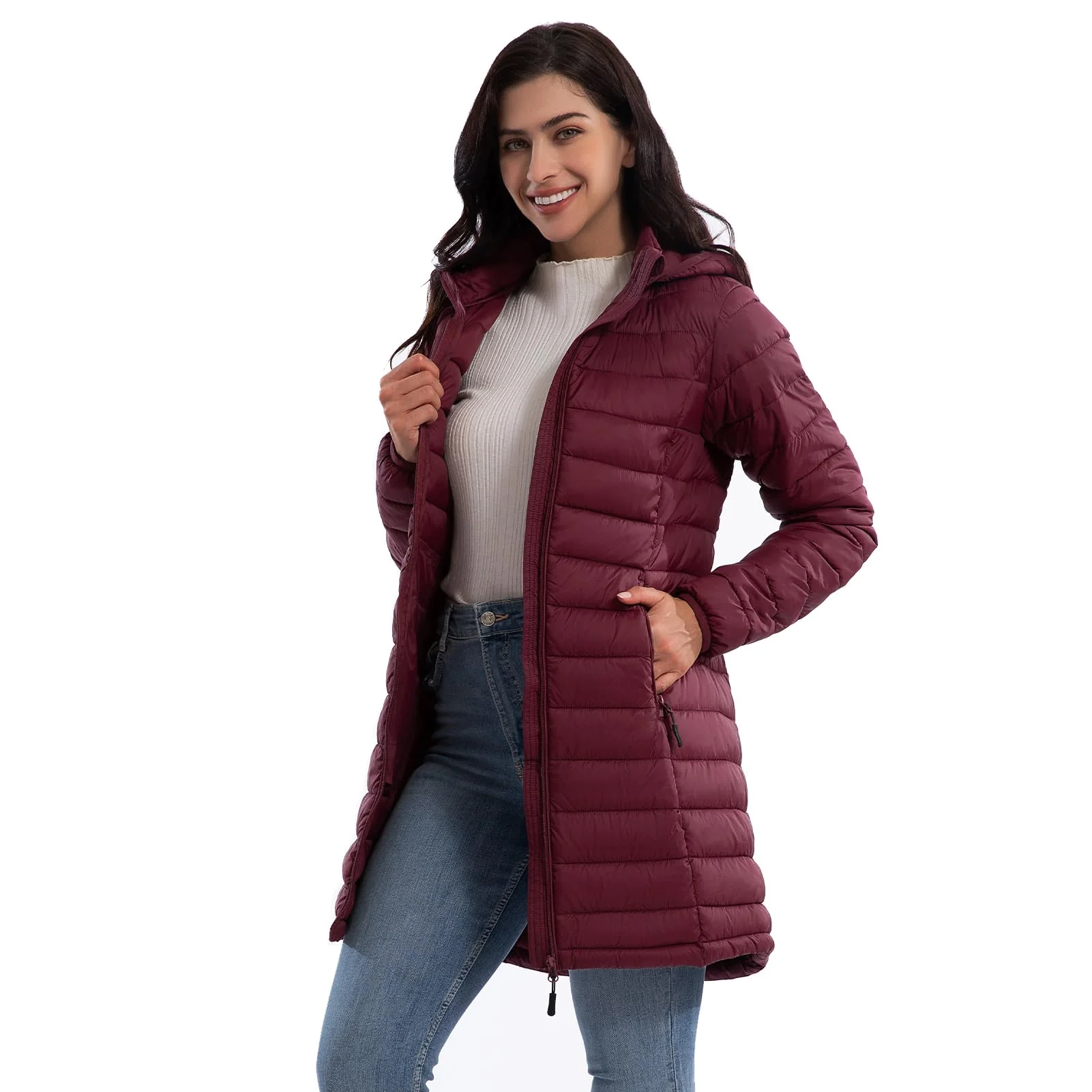 Wine Red Women's Stylish Slim-Fit Puffer Jacket - ZMC