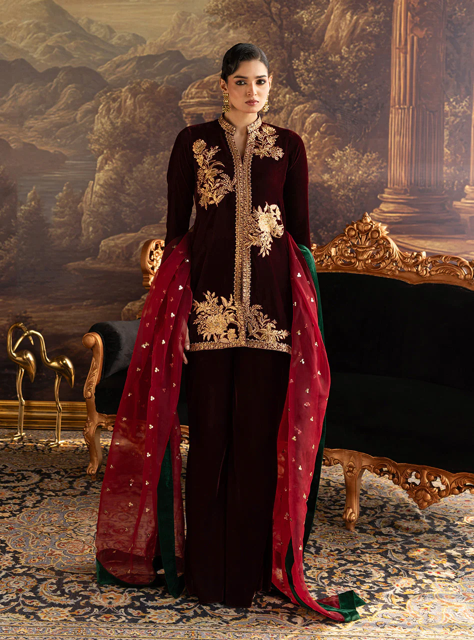 Zainab Chottani Claret Flared Pants Velura Velvet Edit 2025